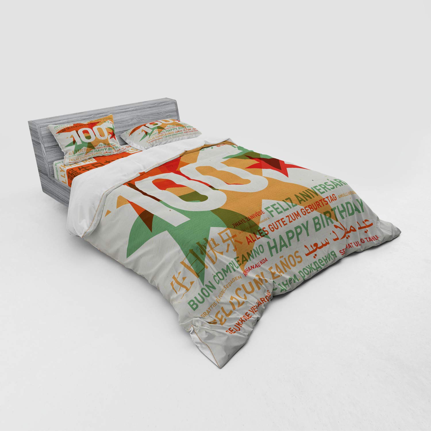Ambesonne 100th Birthday Bedding Set - Queen Size 4-Piece Duvet Cover with Shams & Fitted Sheet, Abstract Multilingual Birthday Design in Pale Green & Vermilion - Perfect for Milestone Celebrations & Guest Room Decor