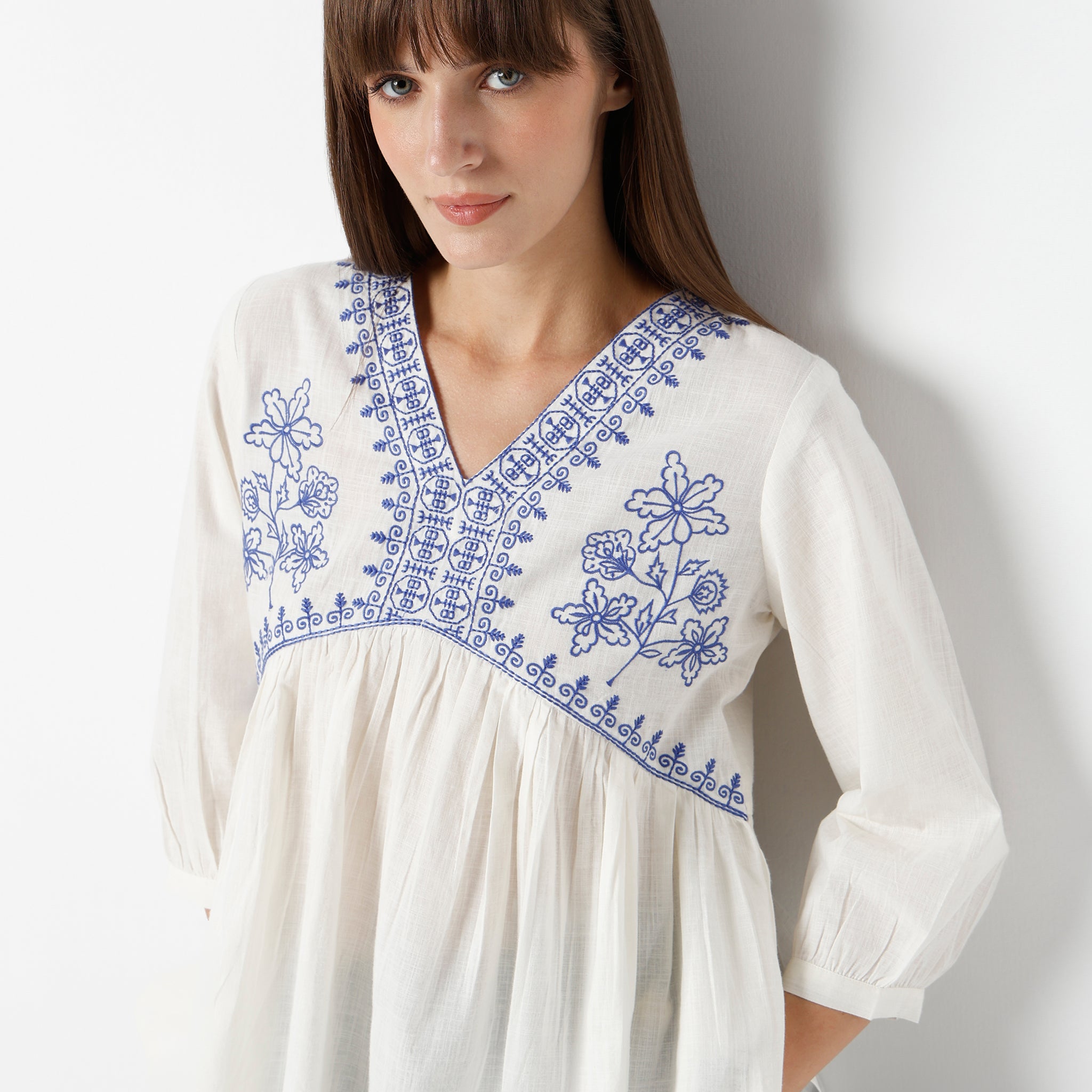Flare Fit Embroidered V-Neck Alia Cut Top with Gathered Sleeves - Women's Fashion Blouse for Casual Wear, Date Night & Office Outfits