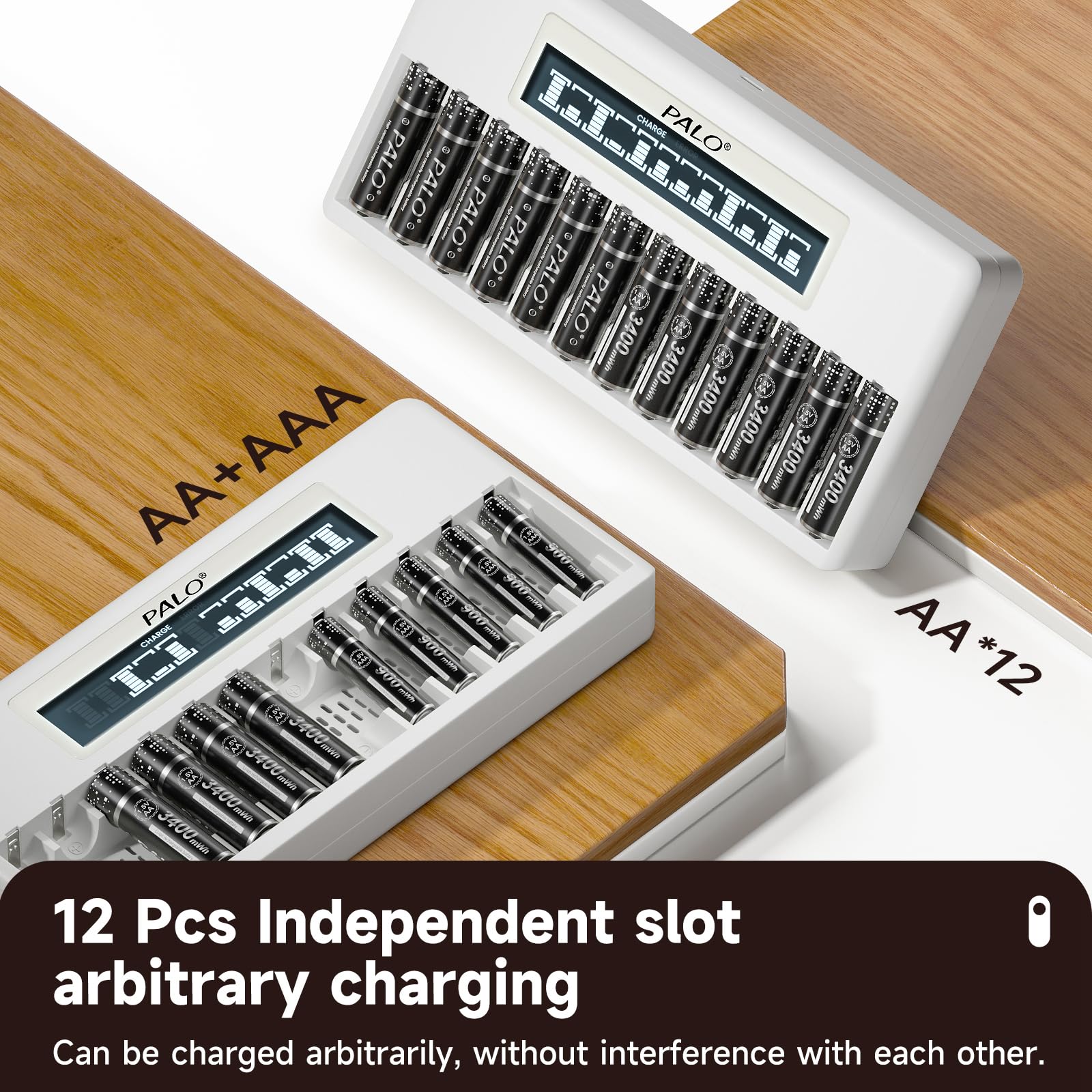 Palogreen 12 Bay Independent Lithium Battery Charger for AA AAA Li-ion Rechargeable Batteries with LCD Display & 20W USB-C Fast Charging | Perfect for Cameras, Flashlights, Toys, and Electronic Devices