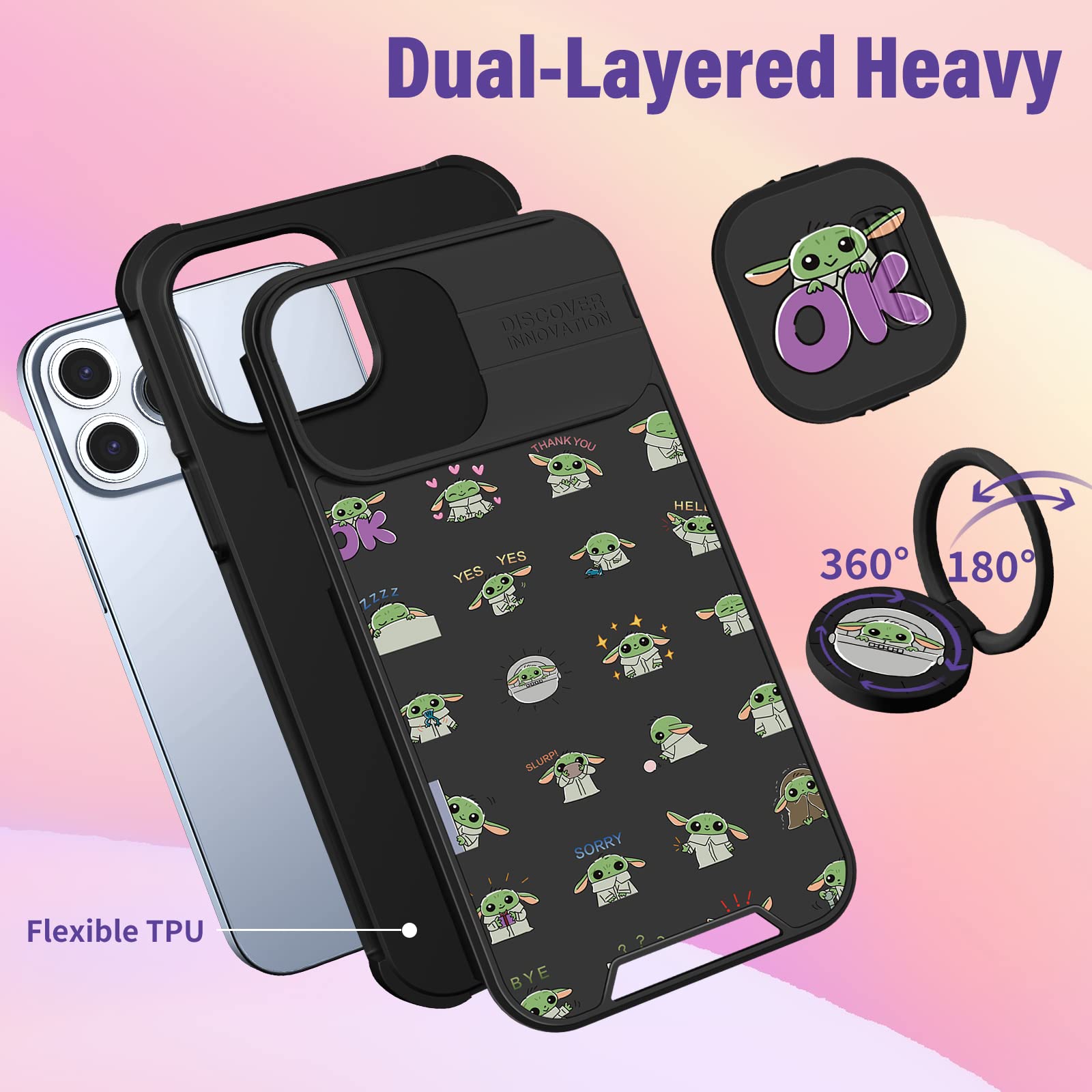 Qerrassa iPhone 15 Pro Max Case - Cute Cartoon Design, Shockproof Protective Cover with Camera Cover & Ring Holder for Apple iPhone 15 Pro Max 6.7