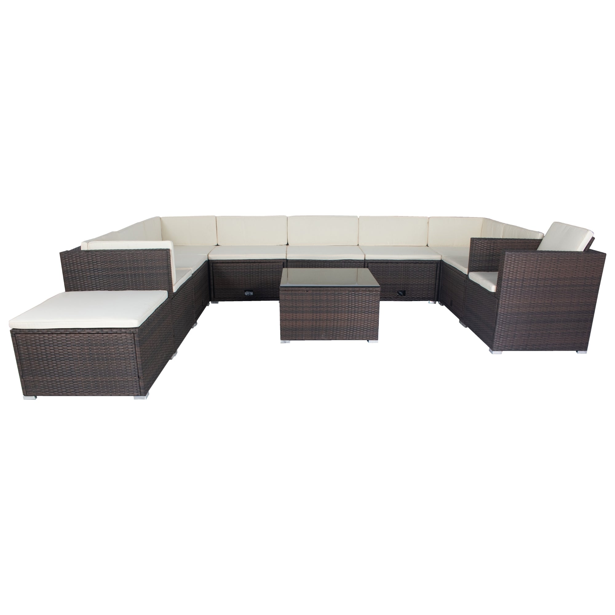 11-Piece Brown Wicker Patio Conversation Set with White Cushions - 10-Seater Outdoor Sectional Sofa with 3 Under-Seat Storage Boxes - Perfect for Backyard, Garden, Poolside & Patio Relaxation