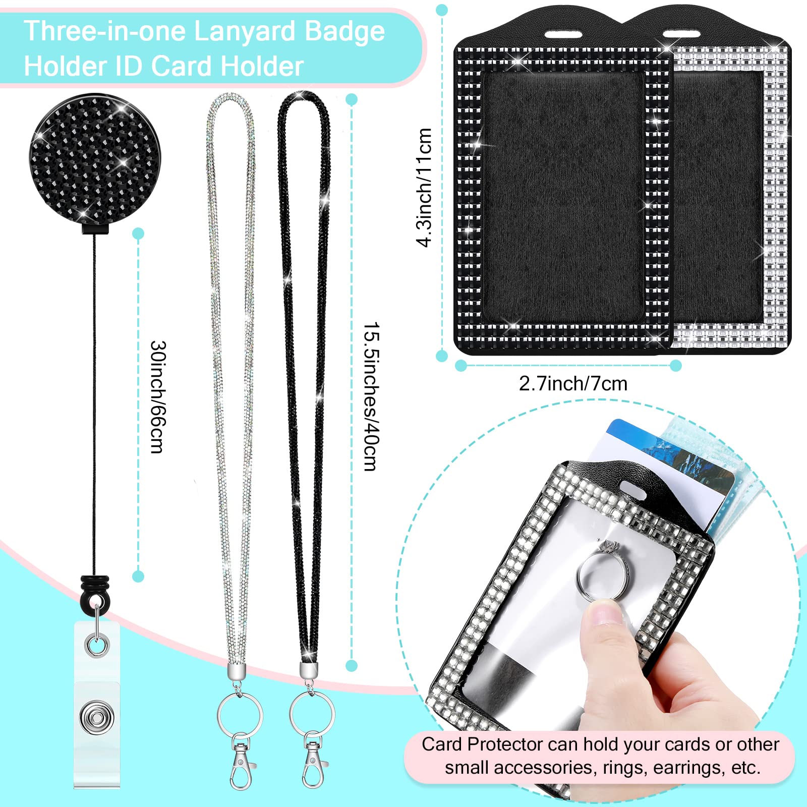 Rhinestone Bling Lanyards for ID Badges - Retractable Keychain for Women Office & Travel
