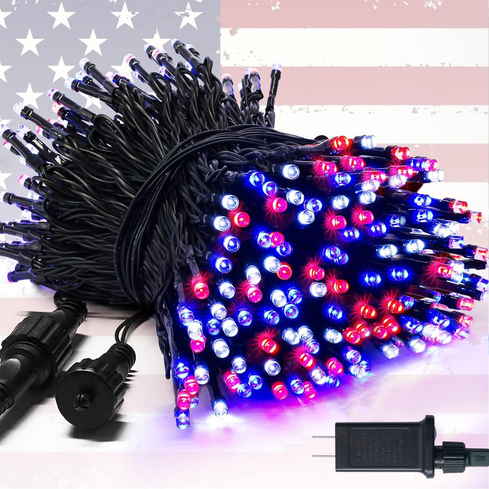 JMEXSUSS 250 LED Patriotic String Lights - Red White & Blue Fairy Lights for 4th of July Decorations, 91.5ft Connectable Outdoor Waterproof Lights with 8 Modes - Perfect for Home, Yard, Patio, Party & Independence Day Decorations