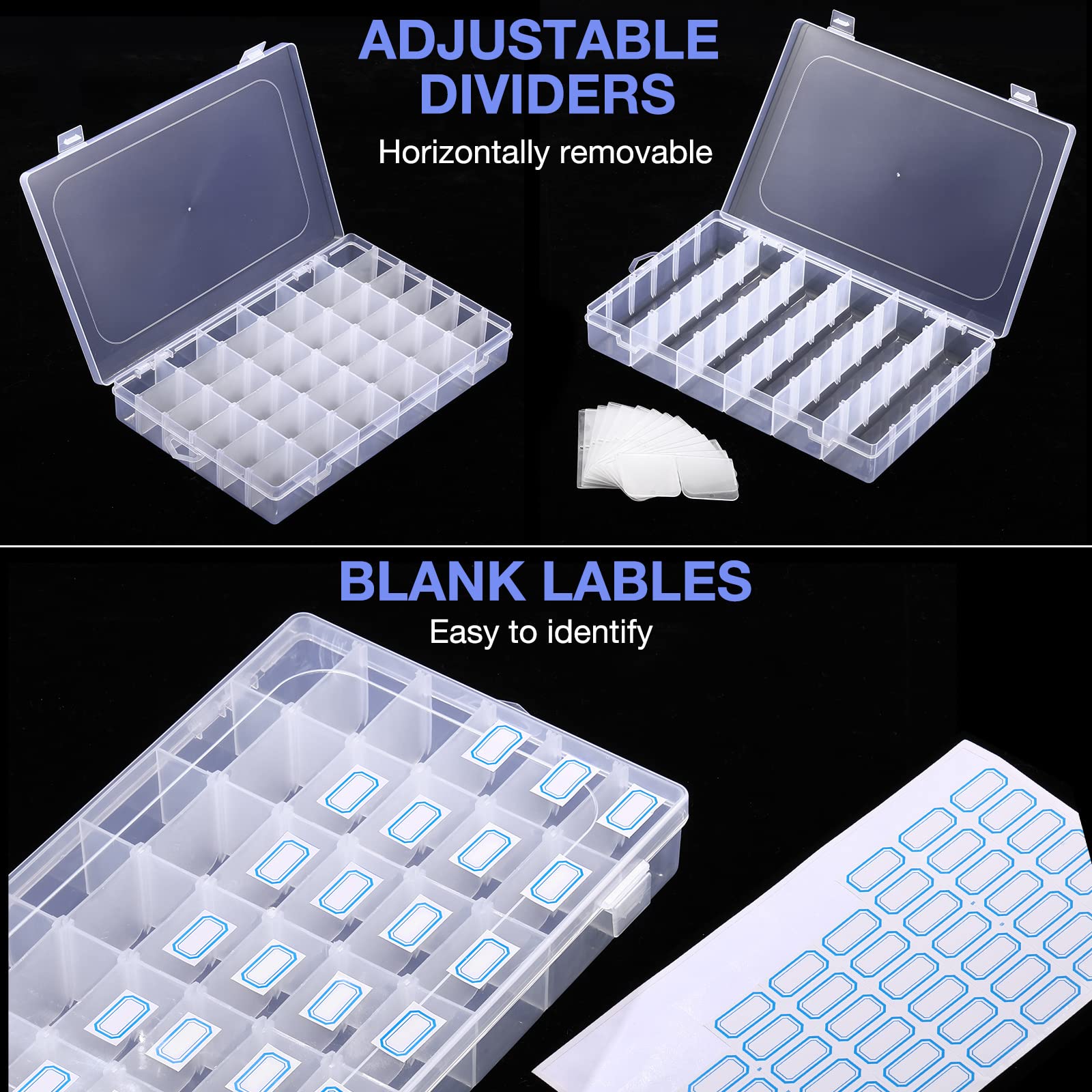 6 Pack 36 Grids Clear Plastic Organizer Box with Adjustable Dividers - Jewelry Beads Storage Container for DIY Crafts, Fishing Tackles, Office Supplies & Small Parts - Includes 50 Label Stickers - Perfect for Craft Rooms, Workbenches & Home Organization