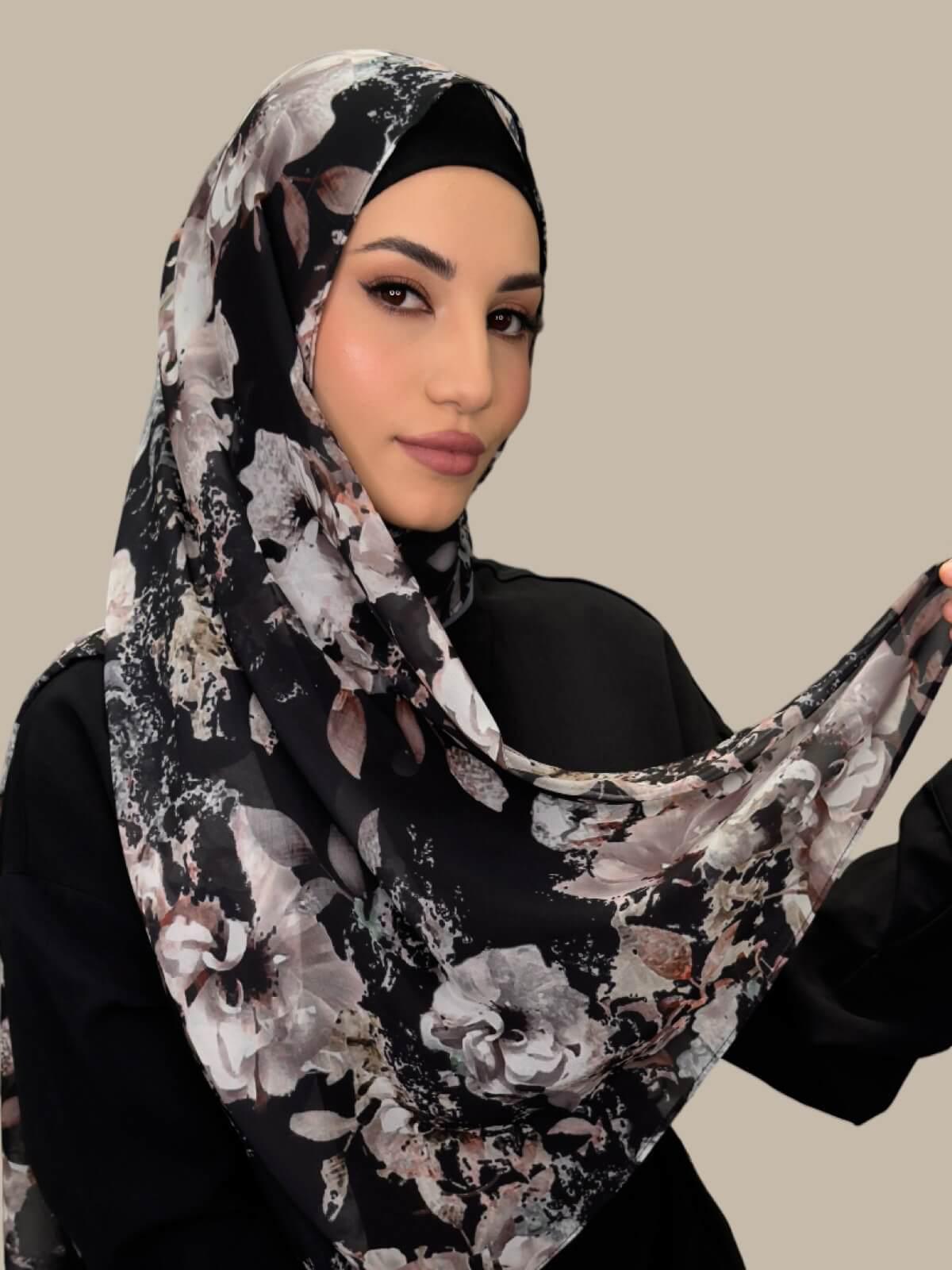 Printed Chiffon Hijab Fleurette Slate II - Lightweight Muslim Scarf for Women - Perfect for Daily Wear, Prayer, and Special Occasions