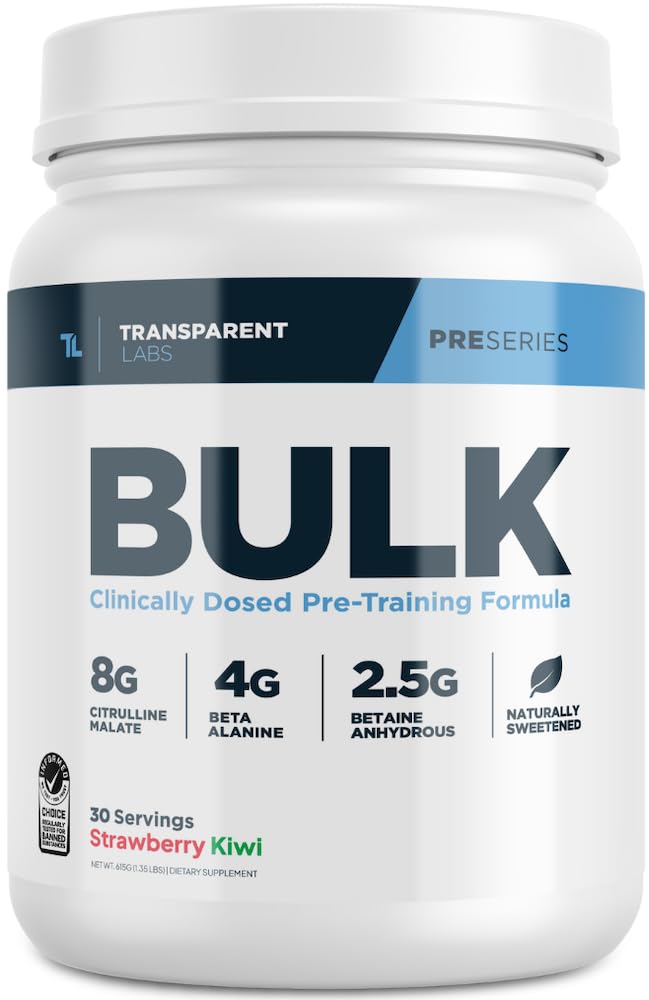 Transparent Labs Bulk Pre Workout - Strawberry Kiwi, 30 Servings for Muscle Building & Strength - Gym & Fitness