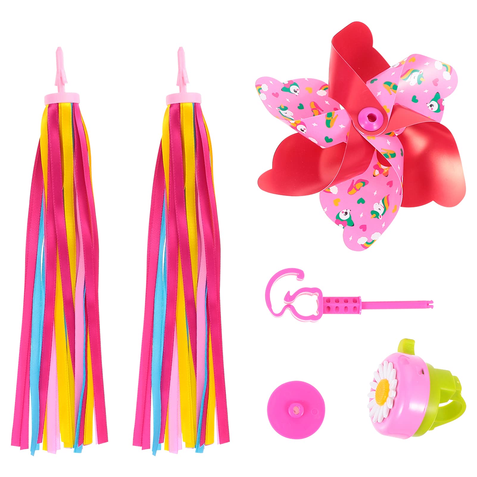 BESPORTBLE Bike Handlebar Bell & Tassels Set - Colorful Windmill Streamers for Kids Bicycles & Scooters - Fun Cycling Accessories for Birthday Parties, Parades & Outdoor Play