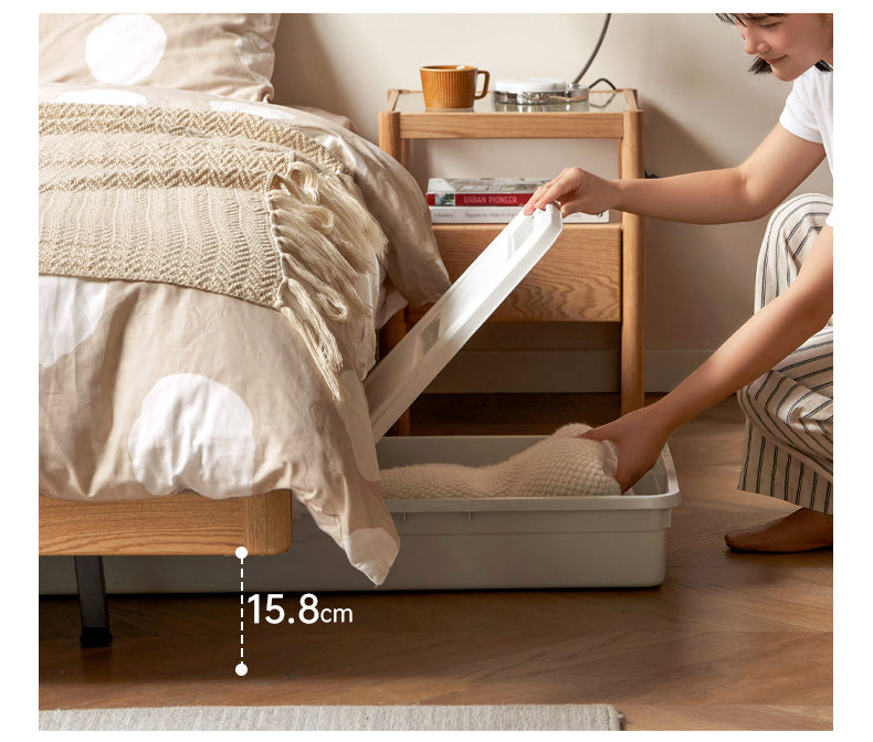 Solid Oak Wood Platform Bed - Headboard Free Modern Design with Night Light - Perfect for Bedroom, Guest Room & Small Spaces