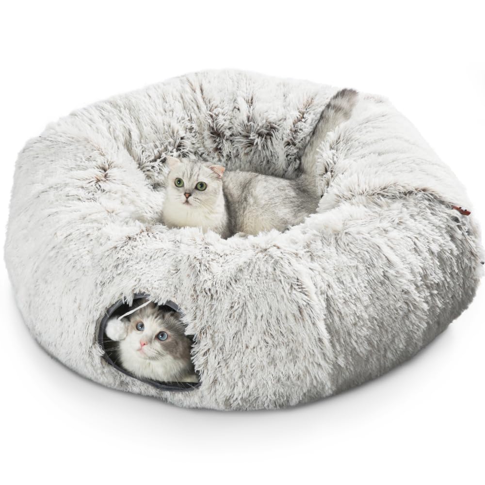 Cat Tunnel Bed for Indoor Cats - Donut Shaped Play Tube with 6 Snap Fasteners & Included Cat Toys | Peekaboo Hideaway for Kittens, Rabbits & Ferrets | Perfect for Playtime, Napping & Small Pet Enrichment