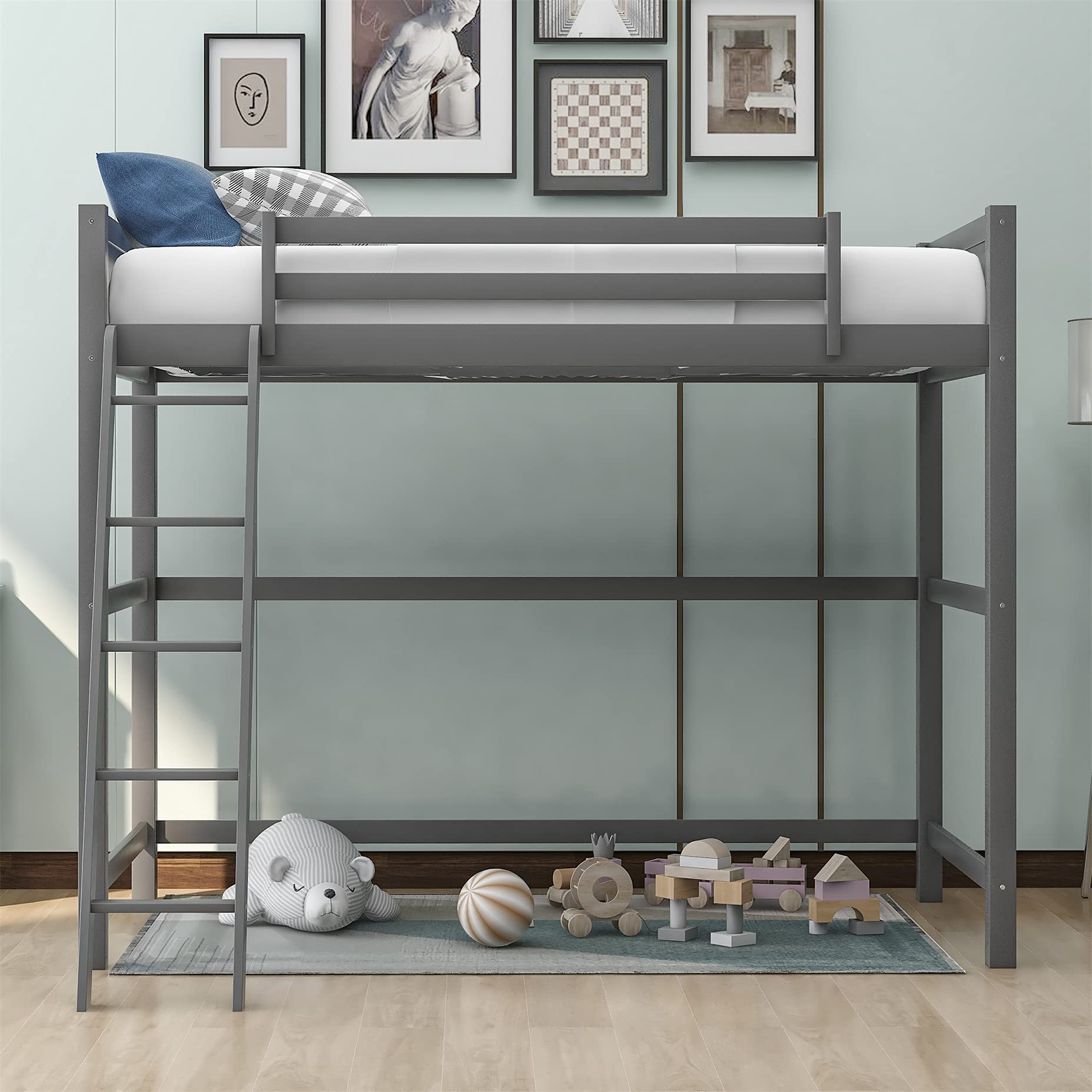 Harper & Bright Designs Twin Size Wooden Loft Bed with Ladder & Safety Rail - Grey - Space Saving High Loft Bed Frame for Kids, Teens & Small Rooms - Perfect for Bedroom, Dorm, Studio & Apartment Decor