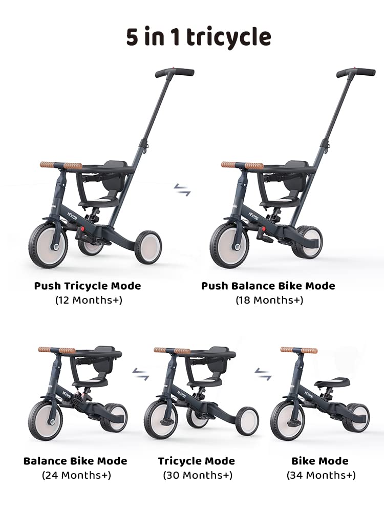 Newyoo 5-in-1 Toddler Tricycle for 1-3 Year Olds - Baby Balance Bike with Parent Push Handle, Safety Guard, Backrest & Belt - Perfect Christmas & Birthday Gift for Boys & Girls (Dark Grey, TR008) - Ideal for Outdoor Play, Park Rides & Learning to Cycle