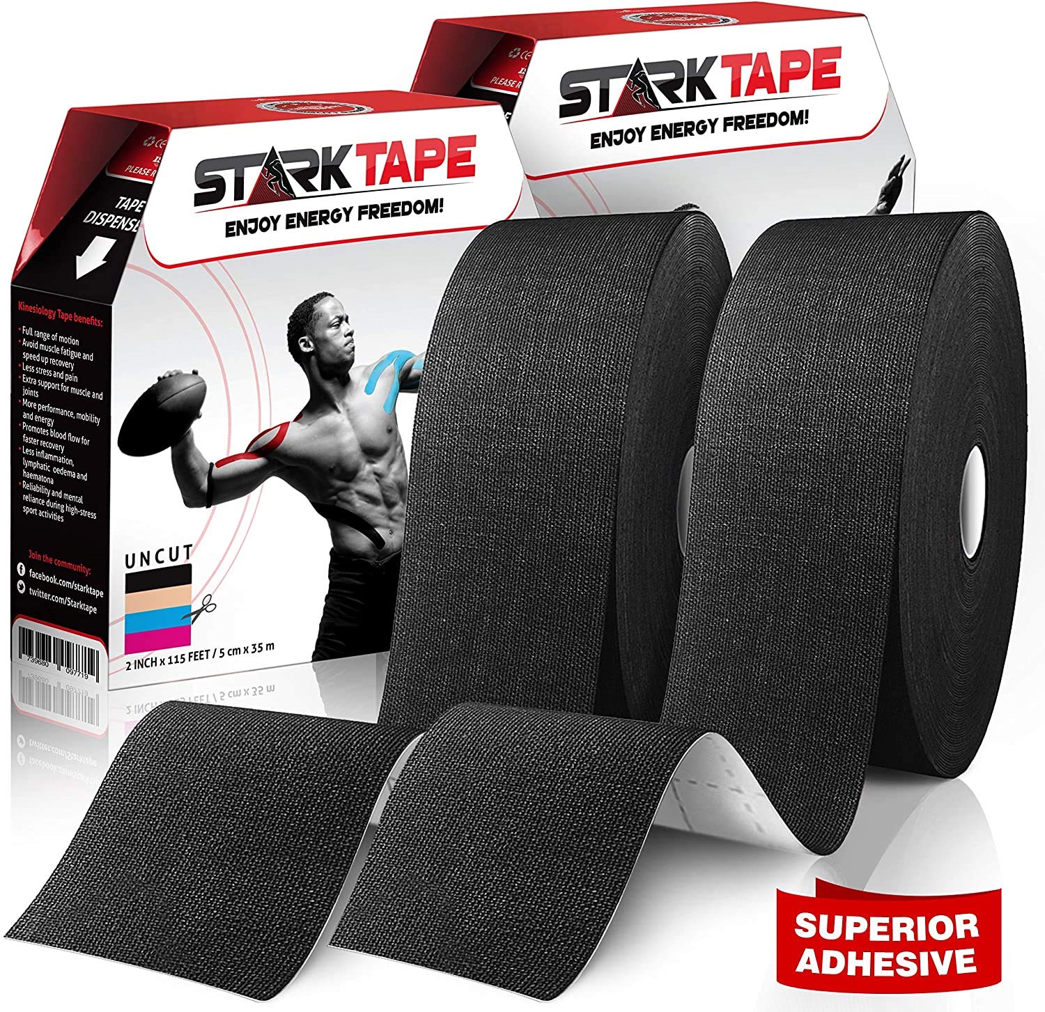 Professional Kinesiology Tape - 2 Pack Bulk Physio Roll for Sensitive Skin | Sports & Physical Therapy Tape for Knee, Shoulder, Ankle, Wrist, Foot & Back Pain Relief | Ideal for Athletes, Gym Workouts & Injury Recovery (Black)