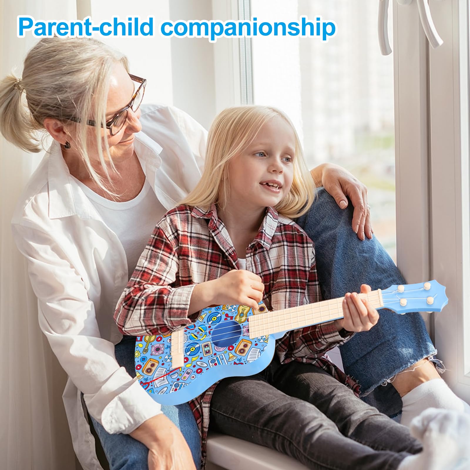 LeeQee 21 Inch Colorful Graffiti Ukulele for Kids - 4 String Beginner Musical Instrument with Picks, Educational Toy for Boys & Girls Ages 3-12 (Blue) | Perfect for Music Lessons, Birthday Gifts & Family Fun