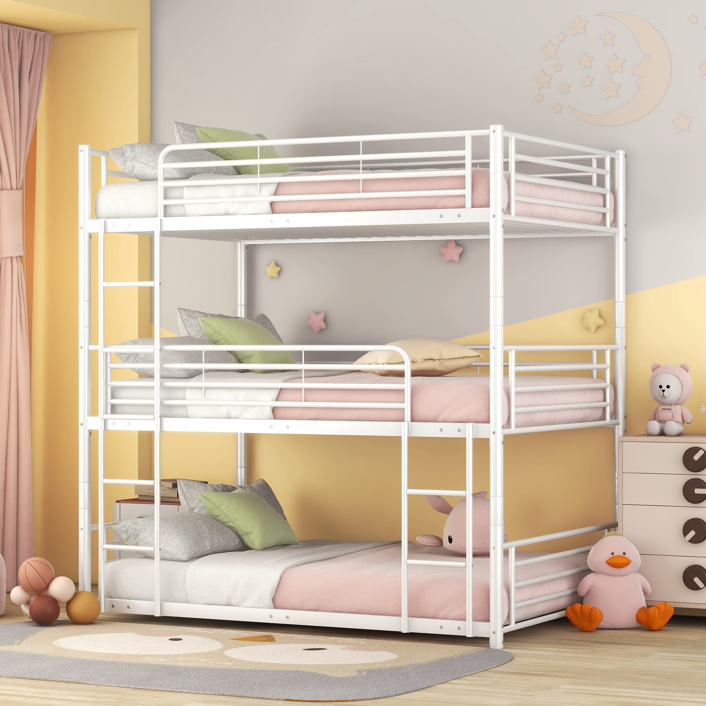 Triple Bunk Beds for Adults & Kids - Full Over Full Over Full Metal Bunk Bed Frame for 3 Persons - Convertible into 3 Separate Full Size Beds - Industrial Style White Bunk Bed - Perfect for Dormitories, Hostels, and Space-Saving Home Bedrooms