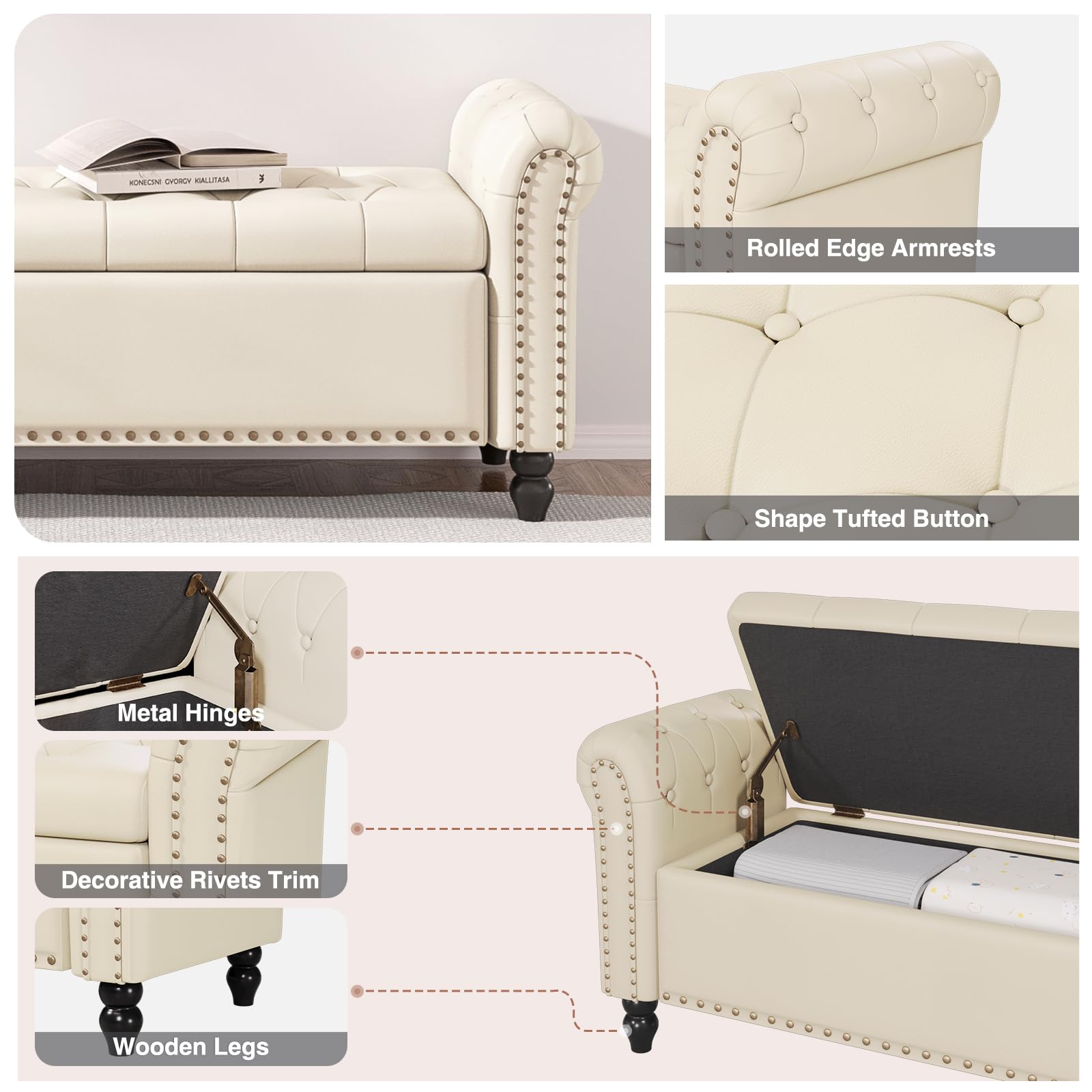 65 Inch Upholstered Storage Bench for Bedroom - Faux Leather Tufted Button End of Bed Bench with Nailhead Trim & Rolled Arms, Cream White - Perfect for Bedroom Seating, Window Seat & Extra Storage
