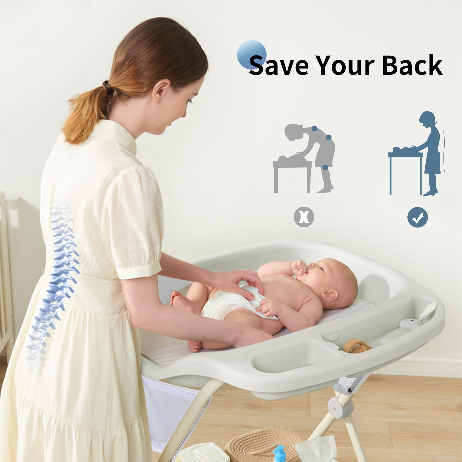 Foldable Adjustable Height Baby Changing Table with Wheels - Includes Changing Pad & Storage Rack - Perfect for Newborns & Infants (Light Grey) | Ideal for Nursery, Bedroom & Daycare Use