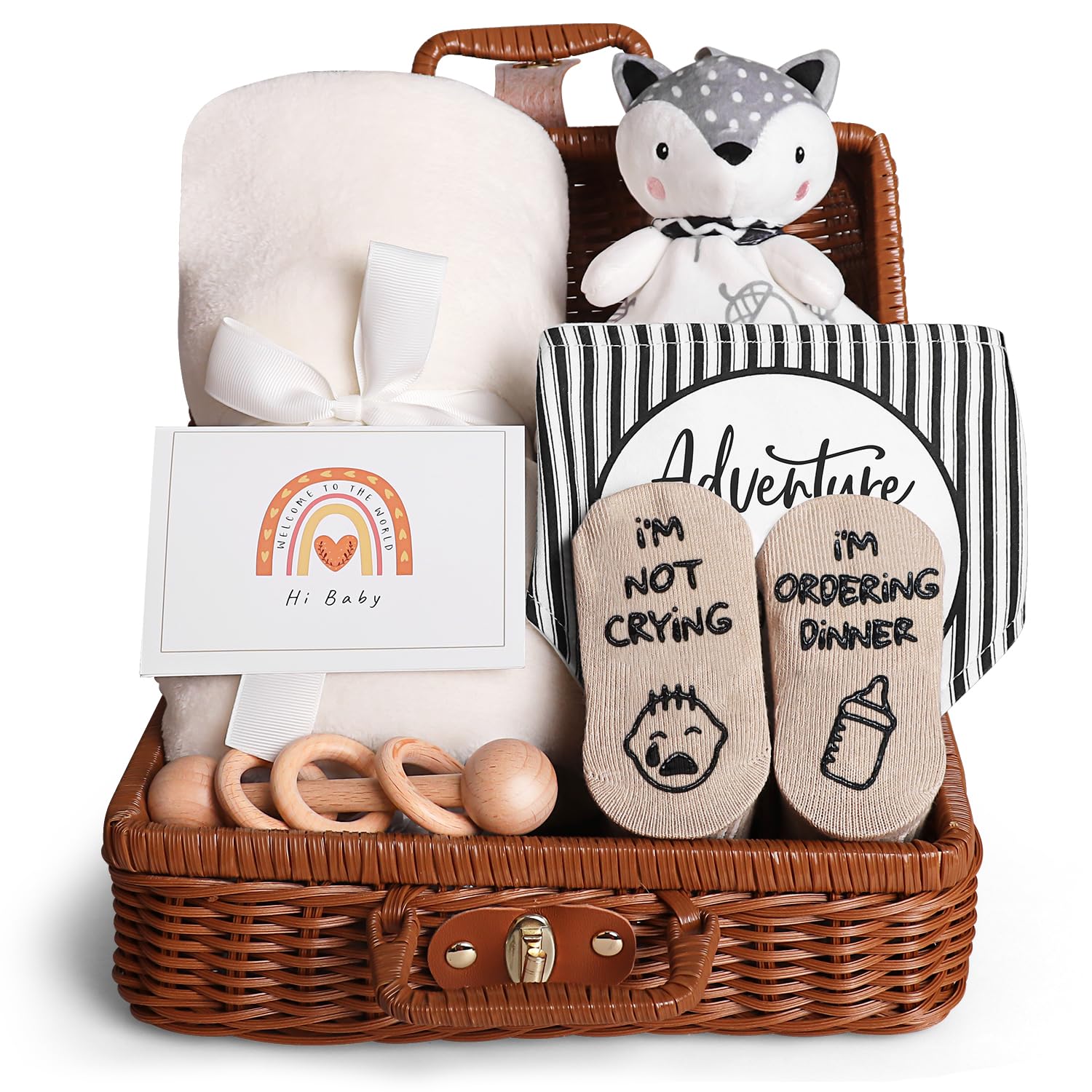 Best Baby Shower Gifts for Girls & Boys - Premium Newborn Gift Set with Lovey Blanket, Bibs, Socks, Wooden Rattle & Greeting Card | Unique Baby Basket Essentials for New Parents | Perfect for Birthdays, Christenings & Welcome Home Celebrations