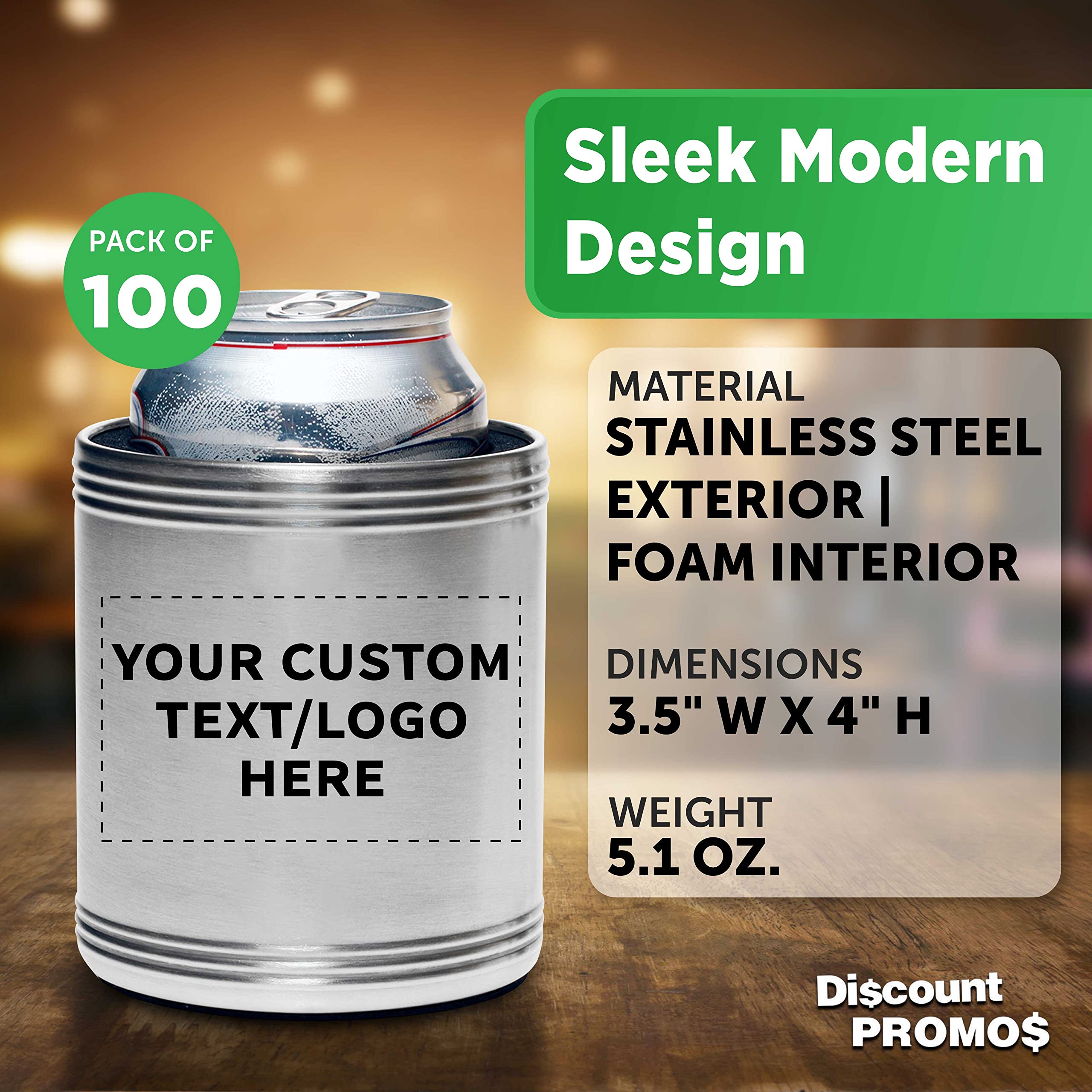 Custom Stainless Steel Can Coolers Set of 100 - Personalized Bulk Pack for Beer, Soda & Beverages - Silver - Perfect for Parties, BBQs, Bars & Outdoor Events