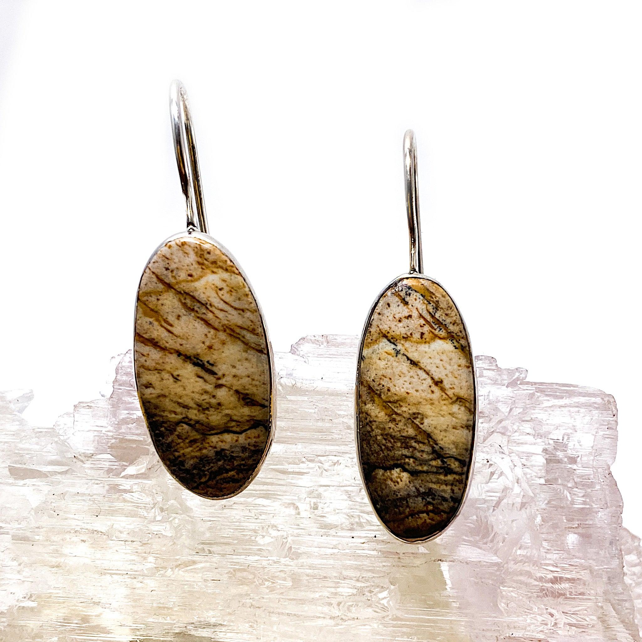 Natural Picture Jasper Oval Cabochon Earrings for Women - Handmade Gemstone Jewelry (KEGJ531) - Perfect for Boho Style, Gift Giving & Everyday Wear