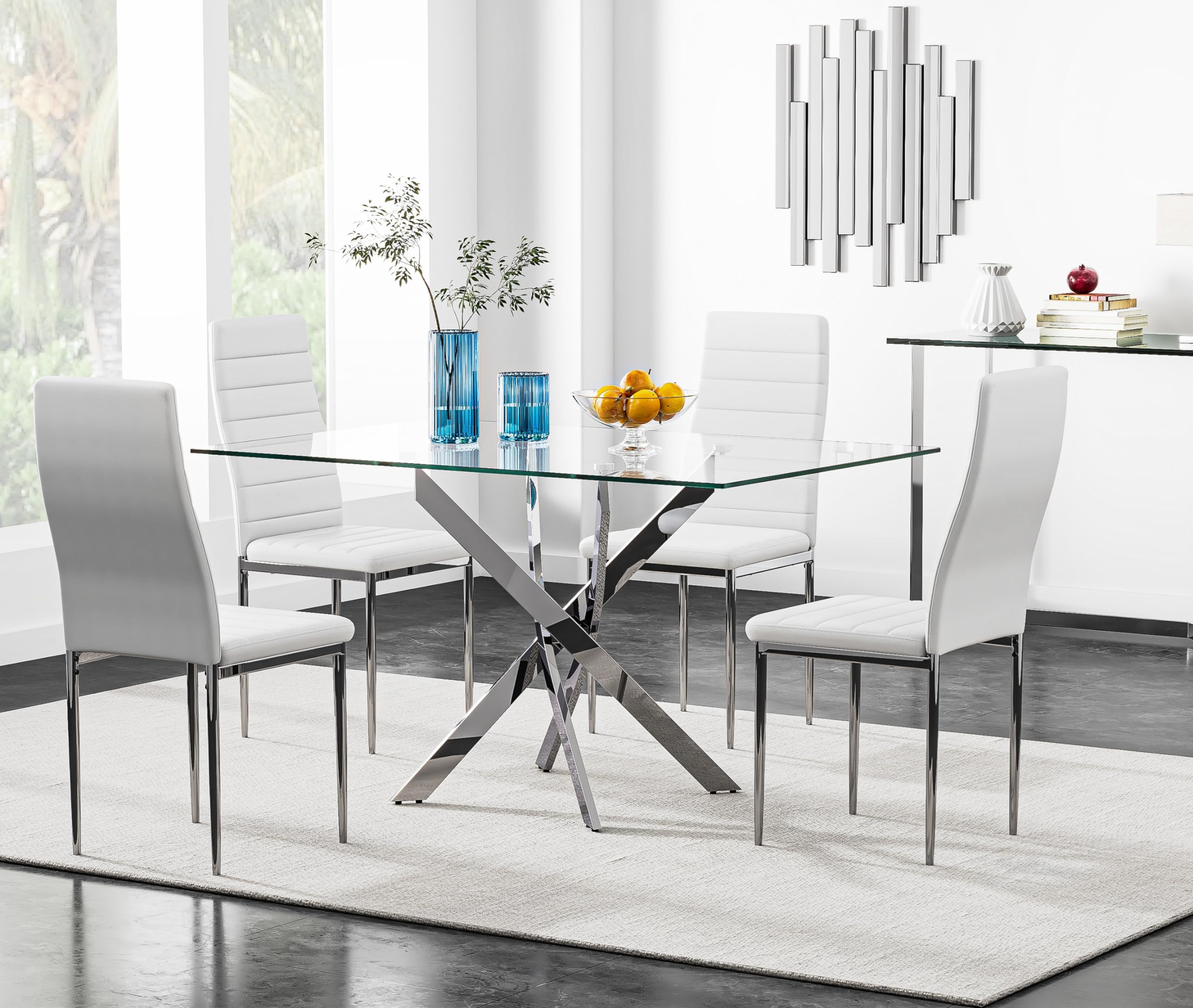 5-Piece Tempered Glass Dining Table Set for 4 with Upholstered Chairs - Modern Kitchen & Dining Room Furniture (Silver Table & White Chairs) | Perfect for Family Meals, Dinner Parties & Small Space Apartments