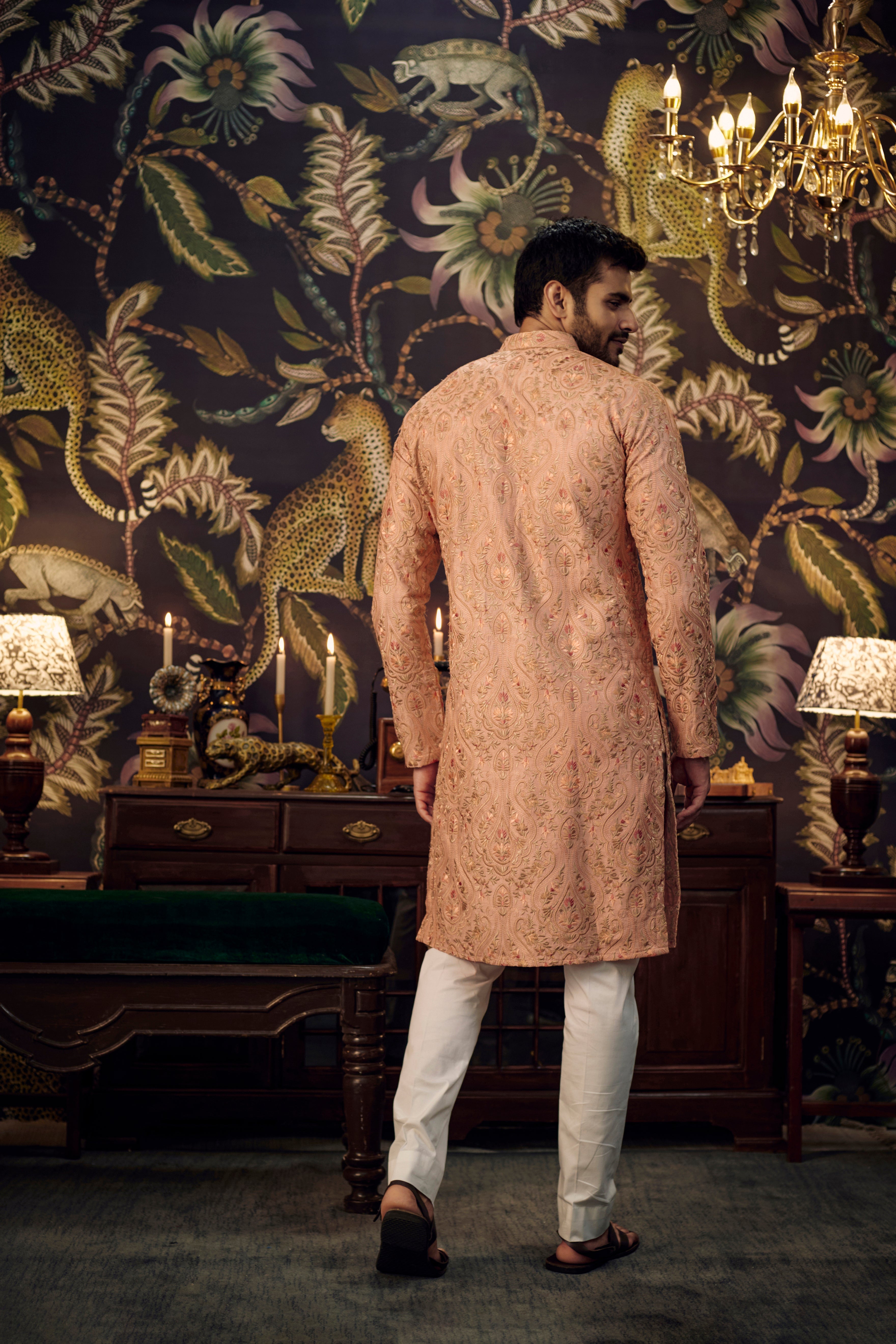 Exquisite Peach Kashmiri Embroidered Kurta with Intricate Multi-Thread Work - Perfect for Festivals, Weddings & Ethnic Fashion