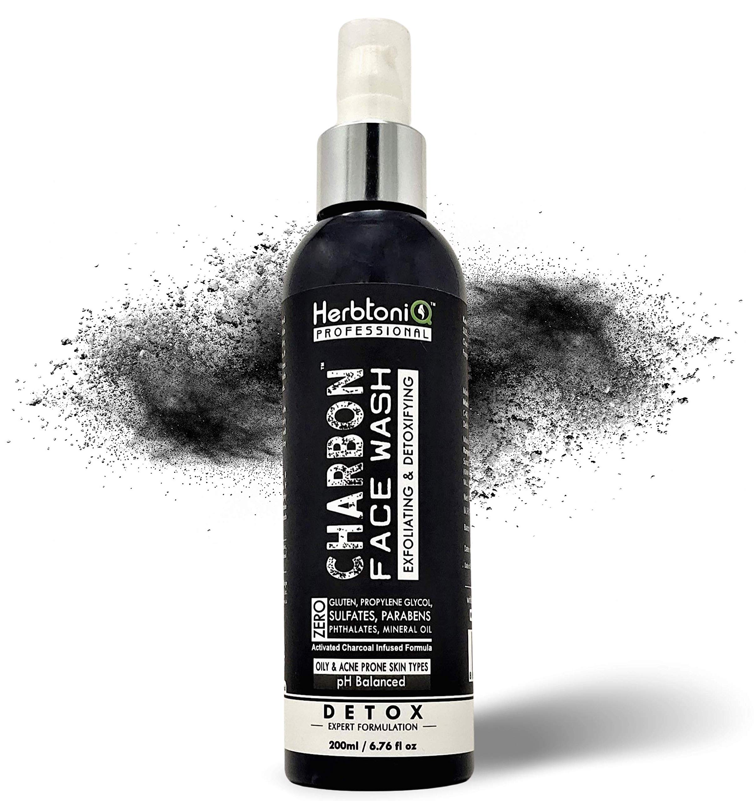 HerbtoniQ Professional Charcoal Face Wash - Deep Cleansing, Exfoliating & Detoxifying for Oily & Acne-Prone Skin | 200ml | Blackhead Remover & Pore Minimizer | Perfect for Daily Skincare Routine & Acne Treatment