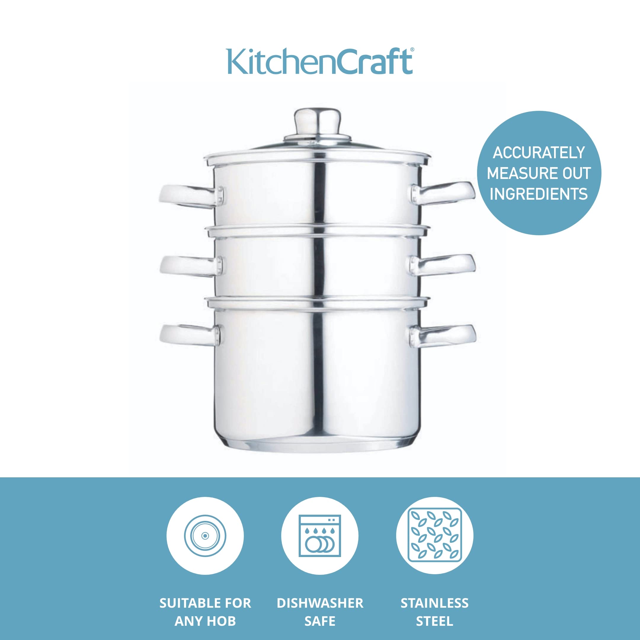 KitchenCraft 3-Tier Stainless Steel Food Steamer & Stock Pot (18cm) - Induction Safe, Includes Gift Box - Perfect for Healthy Cooking, Meal Prep & Family Dinners
