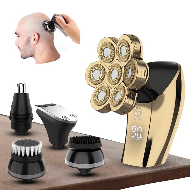 Premium 7-Blade Electric Razor for Men - 5-in-1 Rechargeable Shaver with Floating Heads, Beard Trimmer & Hair Clipper | Portable Wet/Dry Shaving Machine for Travel & Home Use (Gold) - Perfect for Daily Grooming, Business Trips & Gifts
