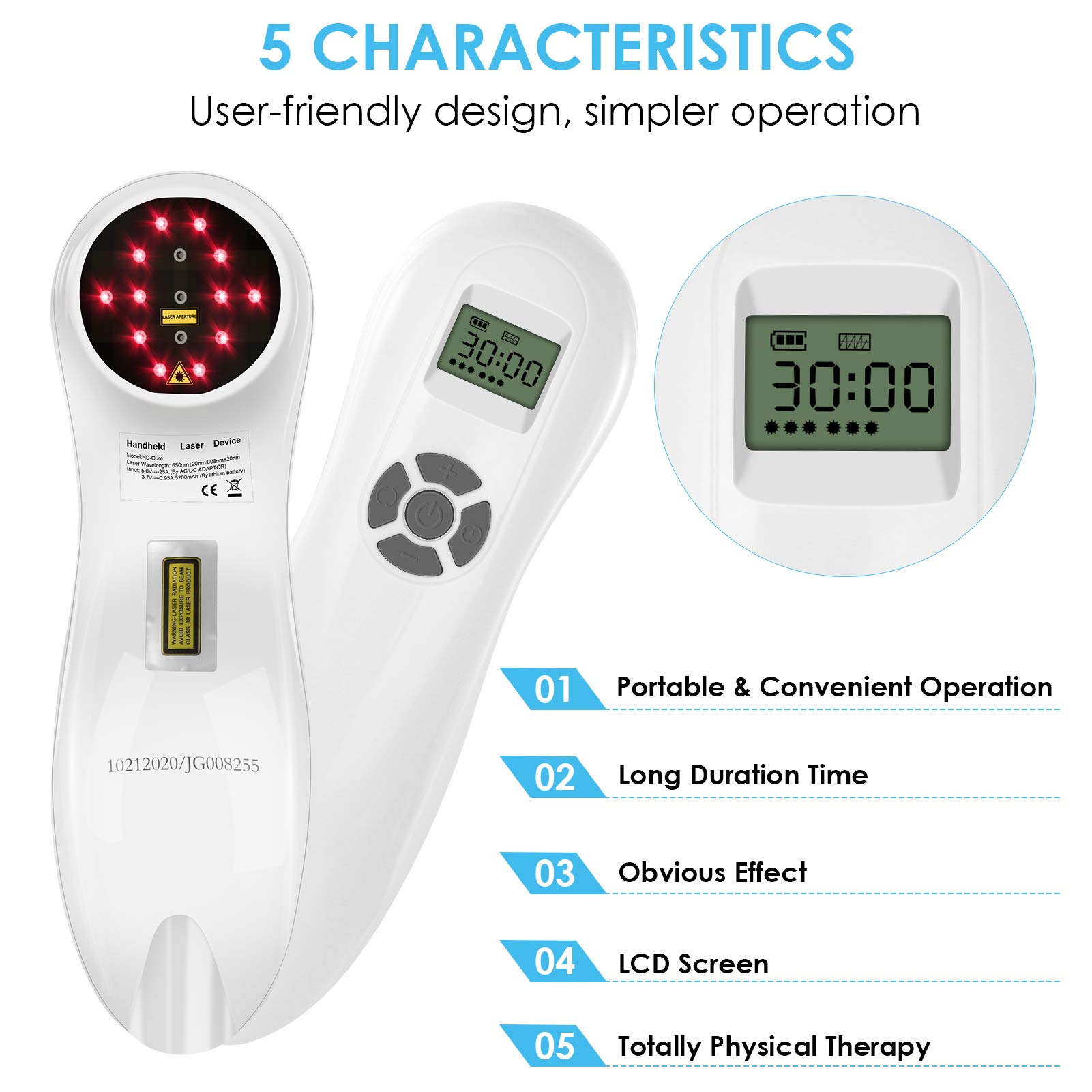 Portable Handheld Cold Laser Therapy Device for Pain Relief - 3x808nm & 12x650nm Red Light Therapy with Multi-Speed & Pulse Function - Ideal for Joint Pain, Muscle Recovery & Home Physical Therapy