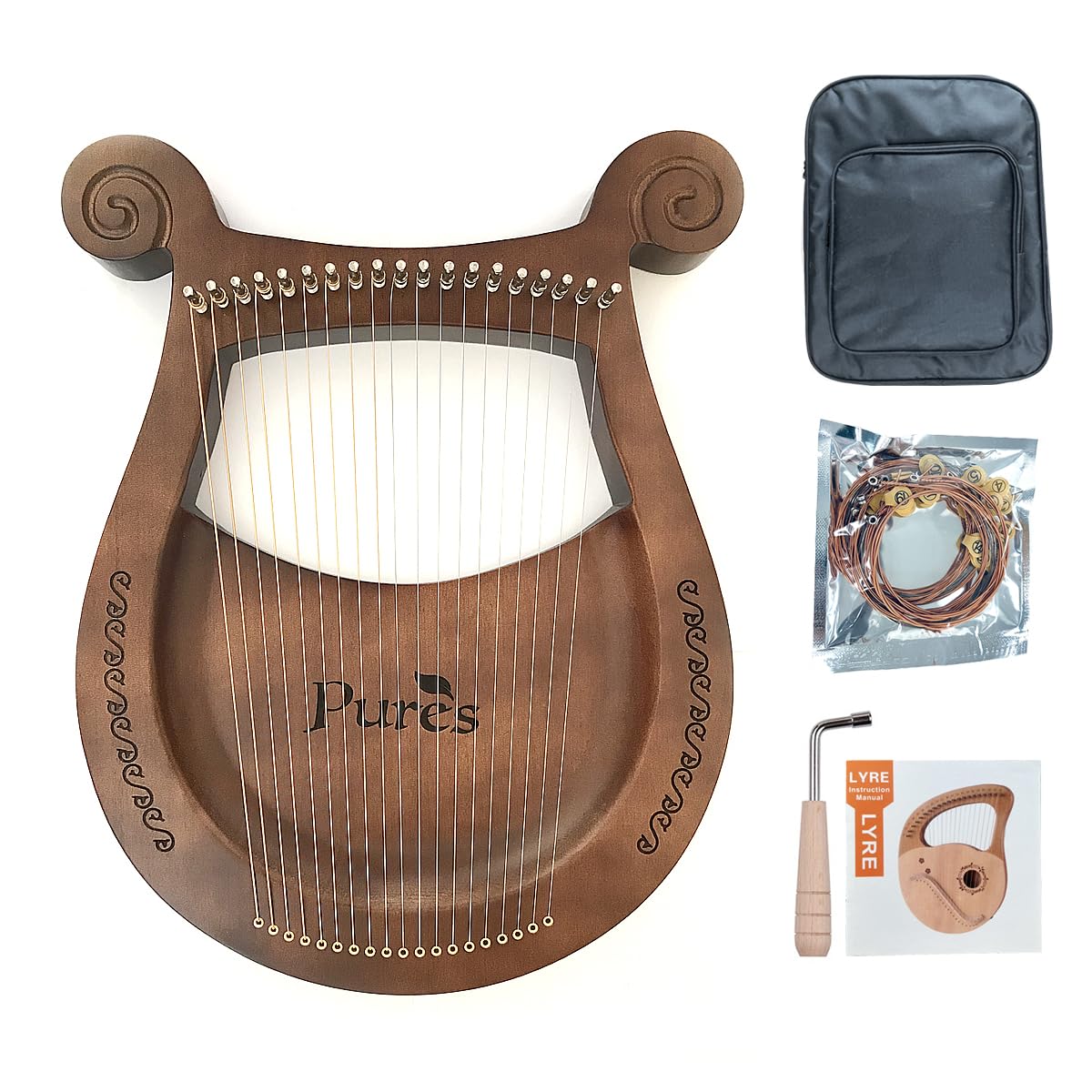 19-String Solid Body Lyre Harp with Tuning Wrench - Retro Style Angel Harp for Beginners - Perfect Gift for Music Lovers, Meditation & Home Decor