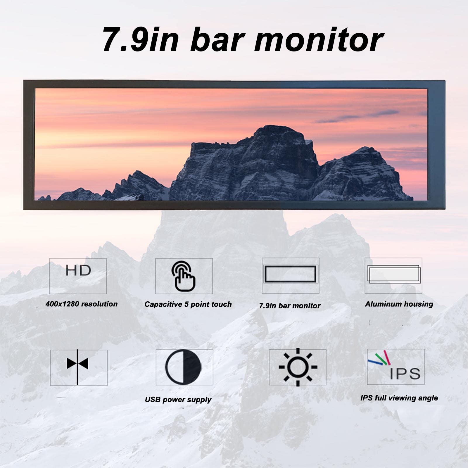 7.9 Inch Portable Monitor with IPS LCD Display, 400x1280 Resolution, 170° Wide Viewing Angle - Plug & Play for Laptop, Gaming, and Office Work