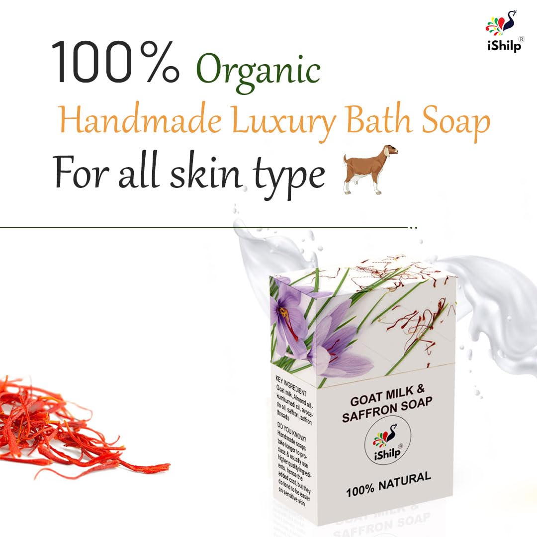 iShilp Goat Milk Soap with Saffron - Pack of 2 | Natural Skin Brightening & Moisturizing Bar Soap for Women & Men | Gentle Body Wash for Dry, Sensitive Skin | Perfect for Daily Bath & Skincare Routine