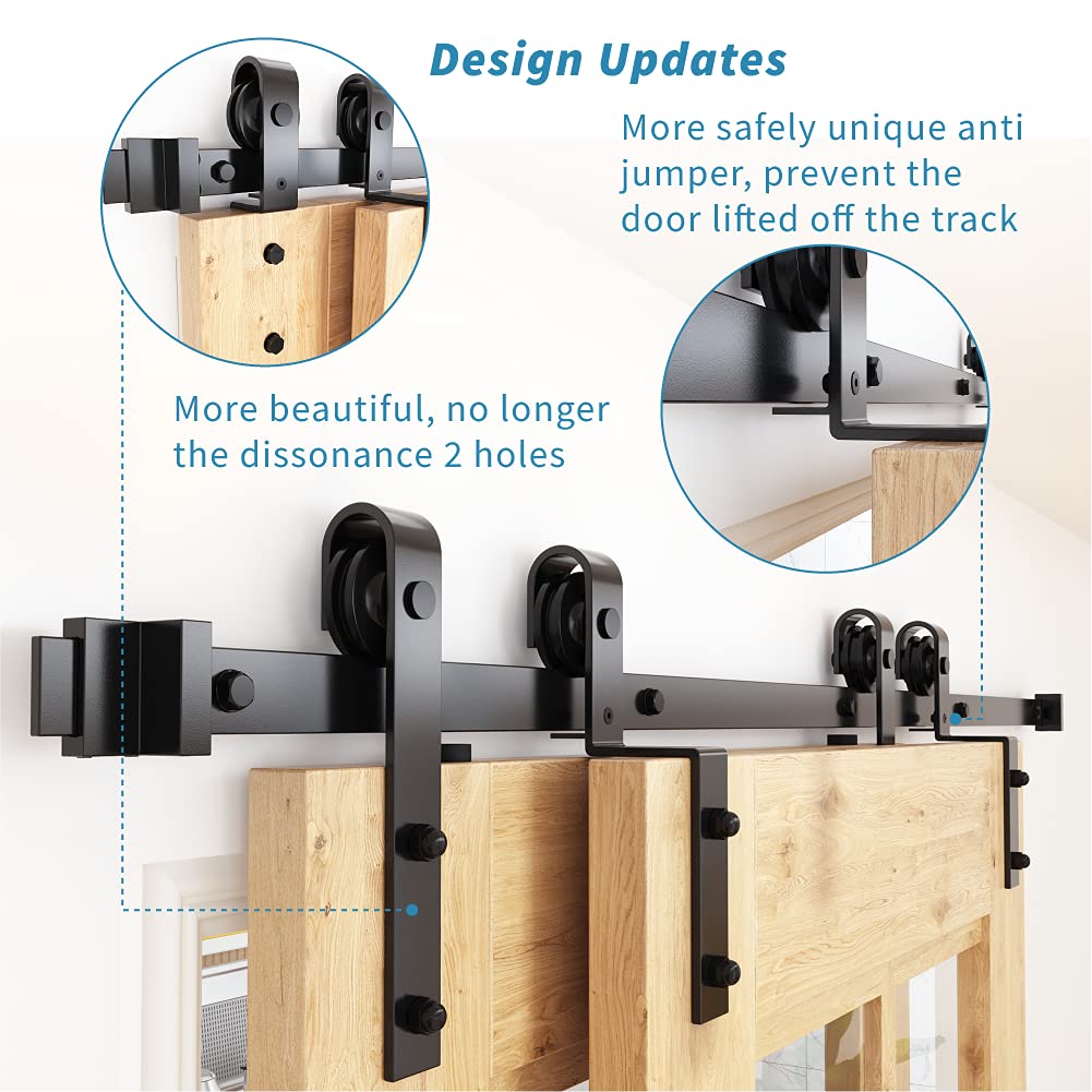 ZEKOO 8FT Single Track Bypass Sliding Barn Door Hardware Kit for Double Doors - Low Profile J-Shape Hanger System with Flat Track Rollers | Perfect for Bedrooms, Closets & Farmhouse Style Homes