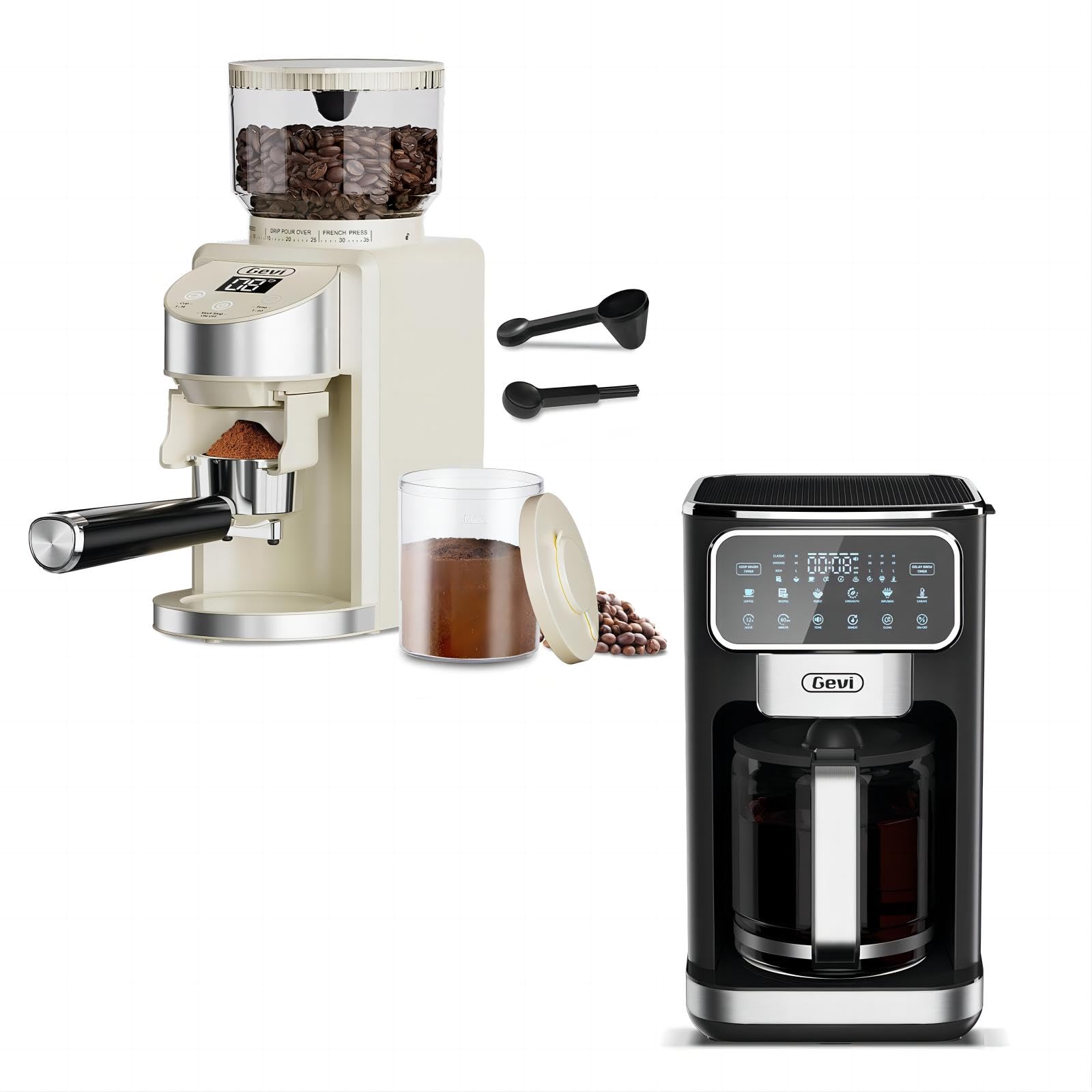 Gevi Conical Burr Coffee Grinder - Adjustable Burr Mill with 35 Precise Grind Settings & 12-Cup Programmable Drip Coffee Maker with Touch Screen - Perfect for Home, Office, and Coffee Shops