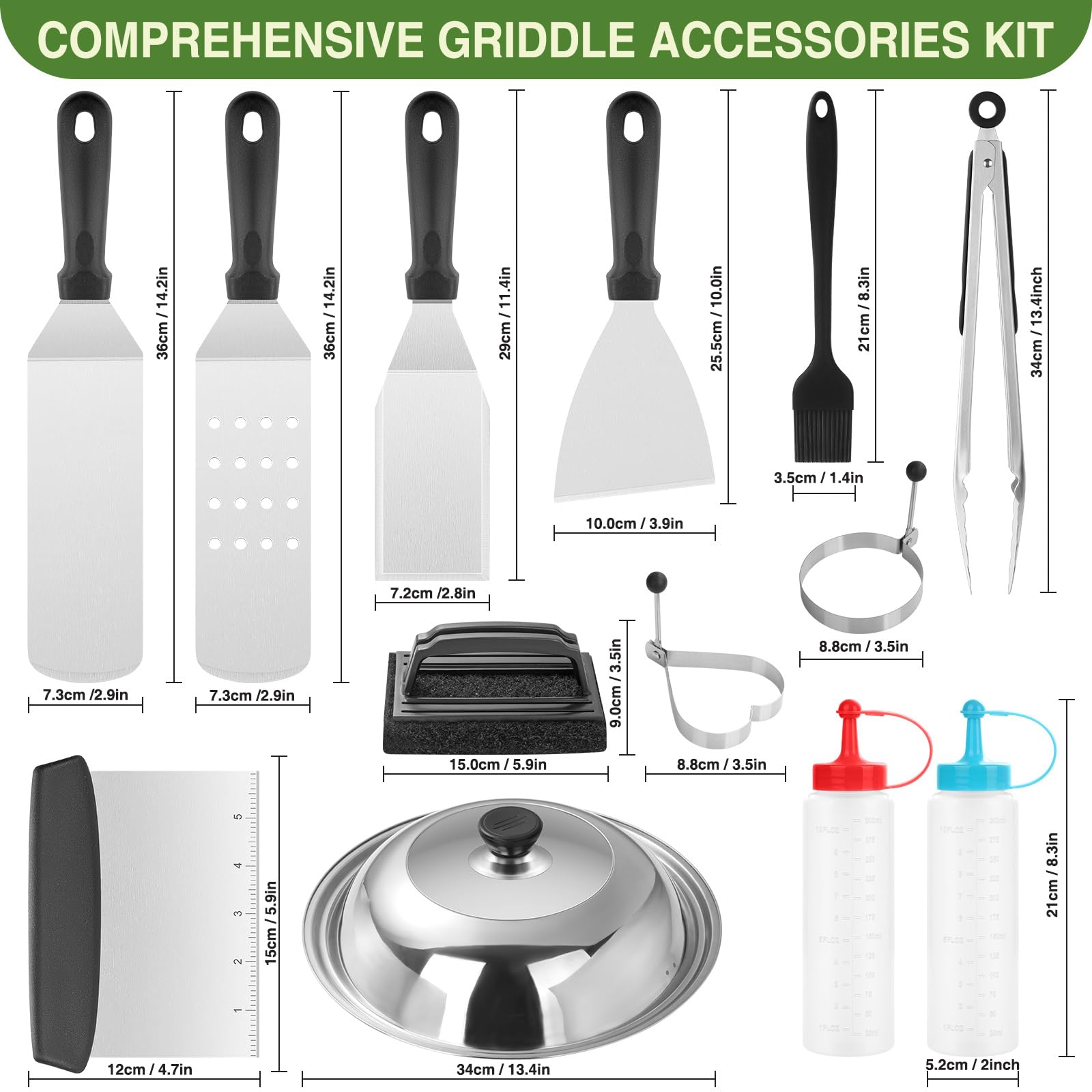 17PCS Griddle Accessories Kit for Blackstone & Camp Chef - Stainless Steel Spatulas, Basting Cover, Scraper, Tongs - Perfect for Outdoor BBQ, Camping & Backyard Cooking