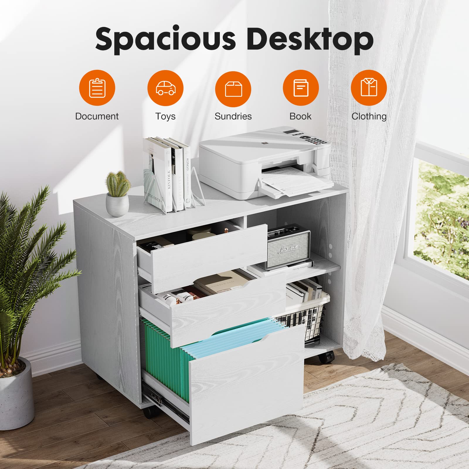 3-Drawer Mobile File Cabinet with Wheels - Wooden Lateral Filing Storage & Printer Stand, Adjustable Open Shelves for Home Office Organization - White - Perfect for Small Spaces, Document Storage & Workspace Organization