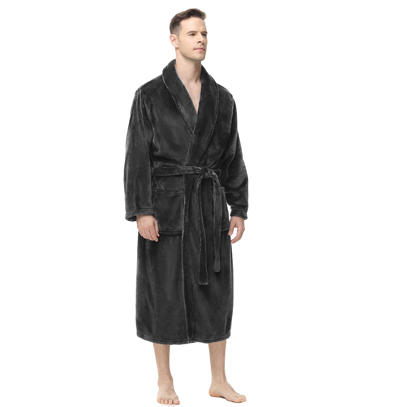 Yurhap Men's Fleece Robe - Soft Plush Bathrobe with Belt & 2 Pockets - Cozy Winter Loungewear for Home, Spa & Relaxation