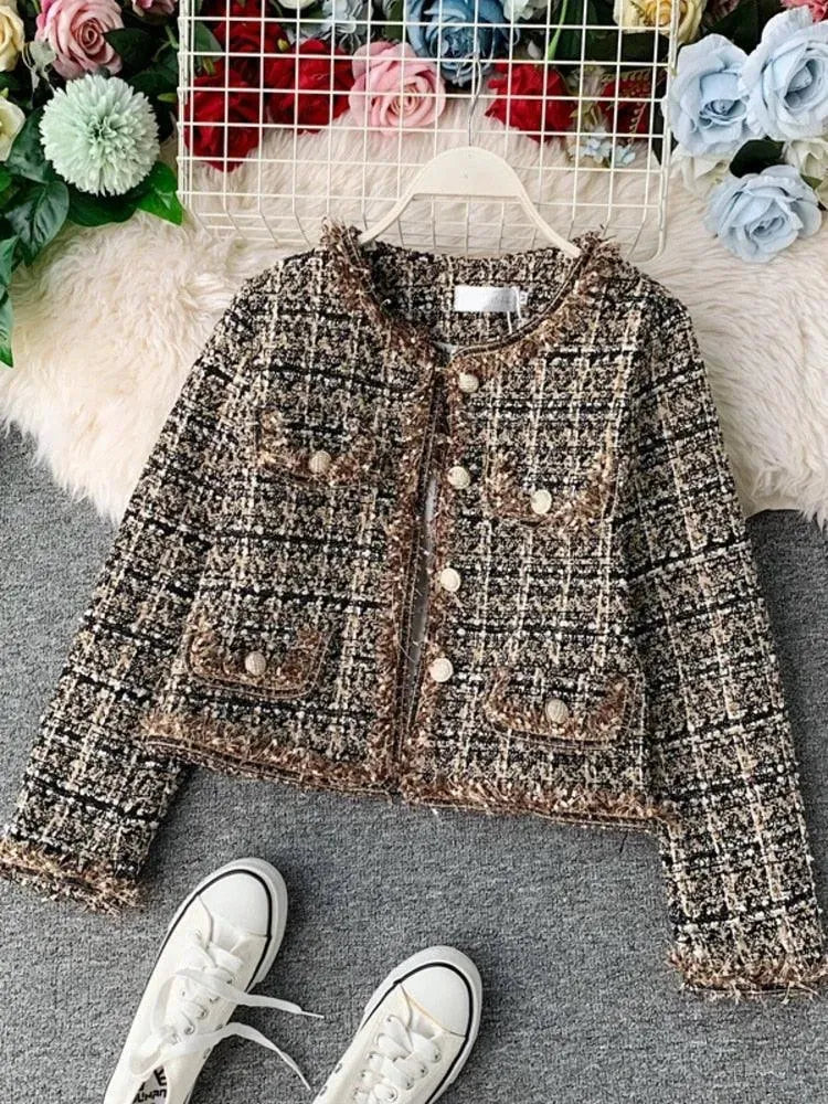 Vintage Patchwork Cropped Tweed Jacket for Women - Stylish Retro Outerwear for Casual Outings & Office Wear