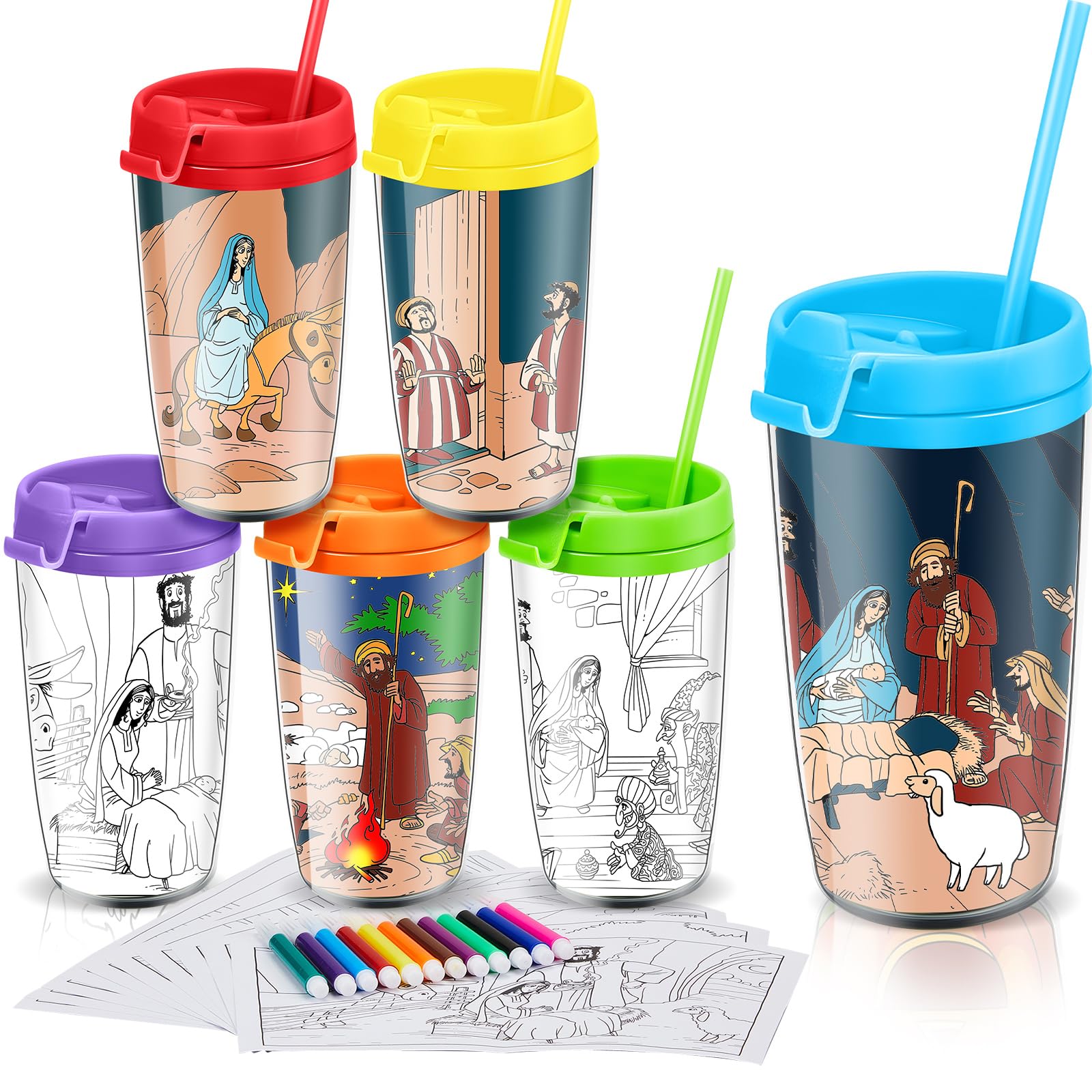 12 Pack Christmas Nativity Coloring Cups with Lids & Straws - Religious Holiday Crafts for Kids, Christmas Party Supplies & DIY Art Activities - Perfect for Sunday School, Family Gatherings & Festive Decorations