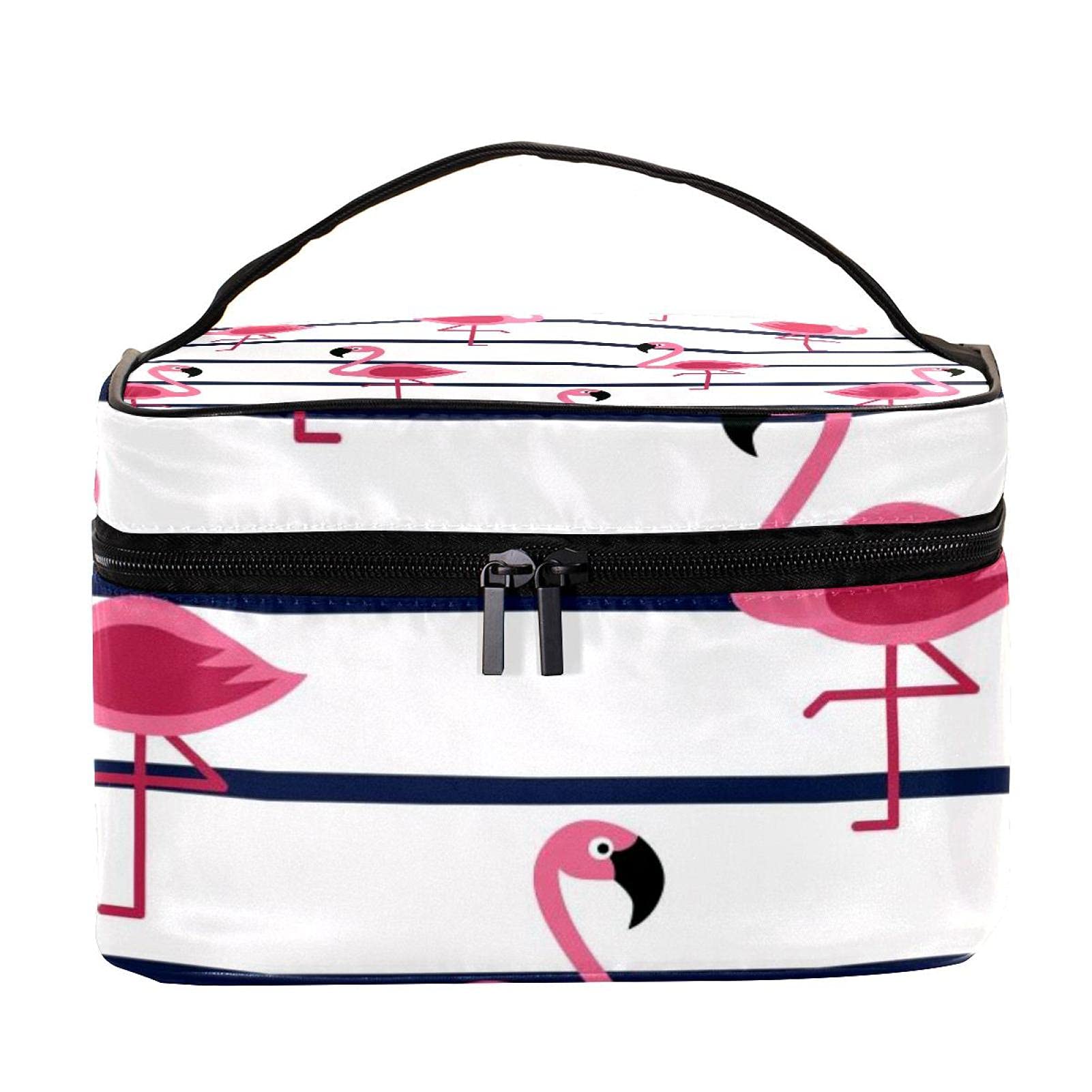 Large Tropical Flamingo Print Travel Makeup Bag with Black Stripes - Waterproof Cosmetic Organizer Case with Zipper for Women & Girls - Perfect for Vacation, Gym, Beach Trips & Daily Essentials Storage
