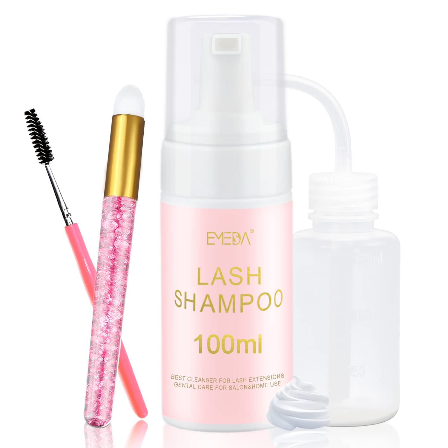EMEDA Lash Shampoo Kit - 3.38 fl.oz Gentle Foam Eyelash Cleanser for Extensions & Natural Lashes | Oil-Free Lash Wash with Rinse Bottle Brush | Perfect for Daily Eyelash Care & Makeup Removal