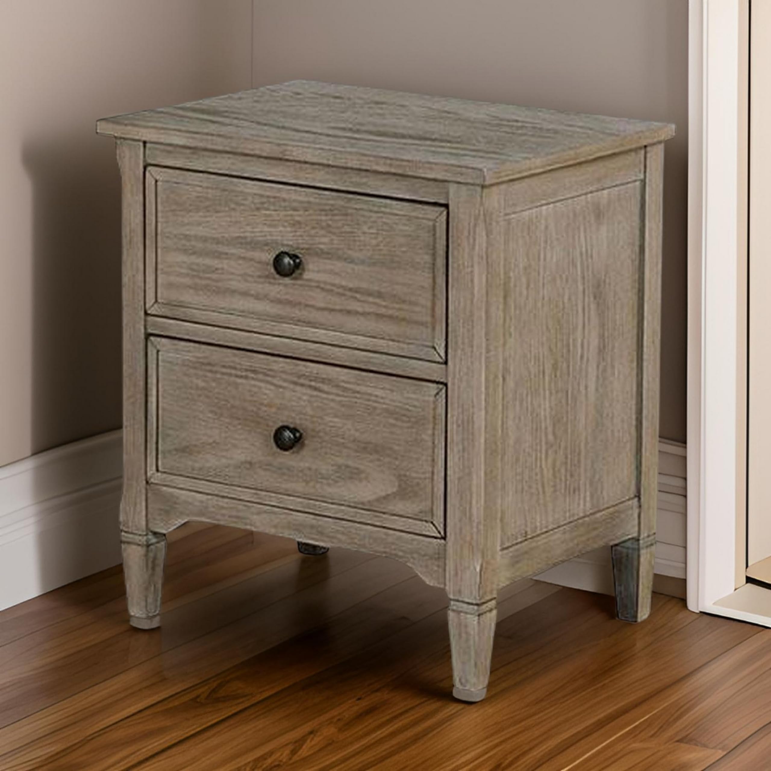 Benjara 2-Drawer Wooden Nightstand with Round Knobs - Gray Finish Bedside Table for Bedroom, Living Room & Office Furniture