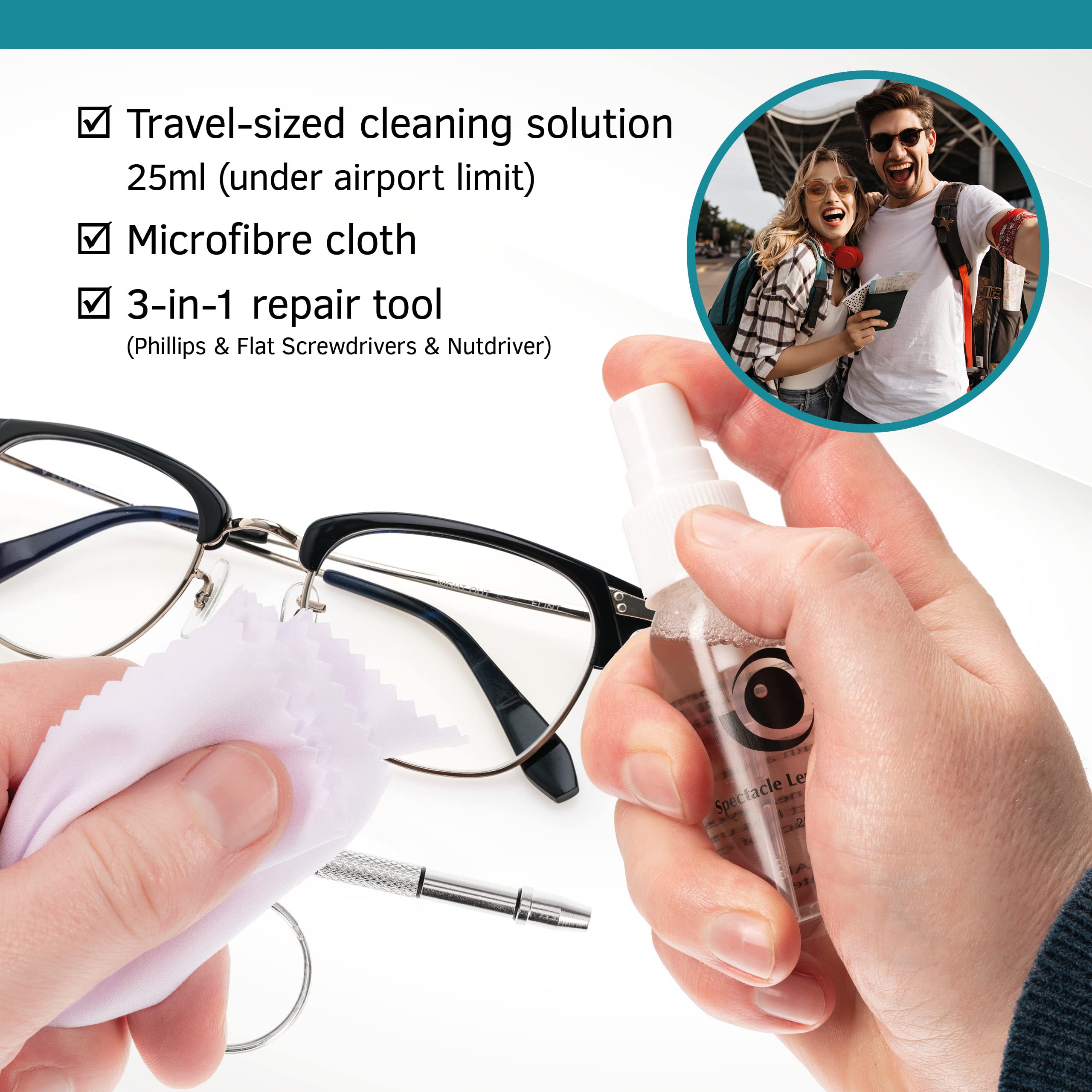 Premium Eyeglass Lens Cleaner Kit - Safely Clean Glasses, Sunglasses, Watches & Screens - Includes Lens Repair Tool, Cleaning Solution & Microfiber Cloth - Perfect for Travel, Office & Daily Eye Care