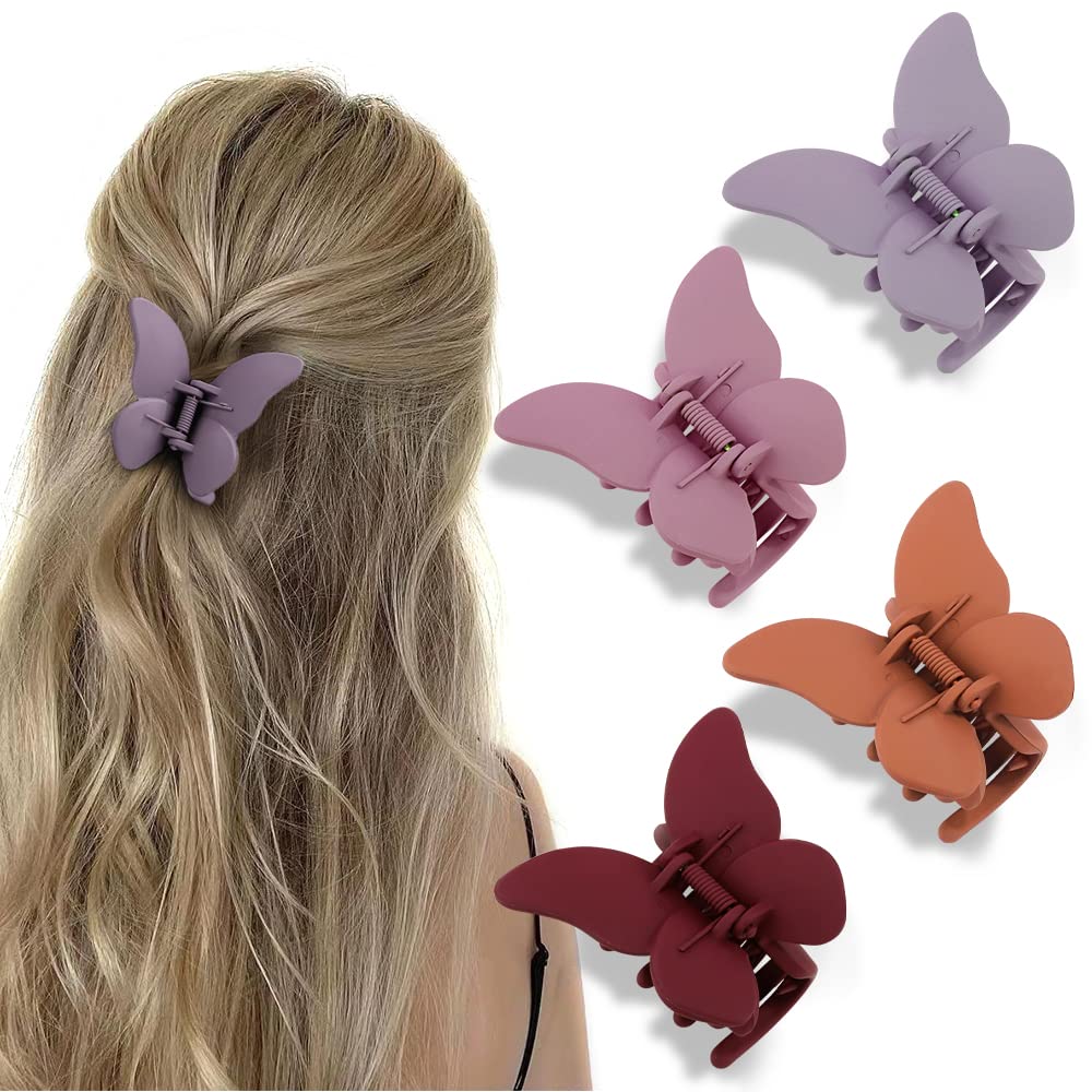 Butterfly Hair Clips for Women & Girls - 4Pcs Matte Jaw Claw Clips for Thin Hair - Hair Accessories for Ponytail, Bun & Updo Hairstyles - Perfect for School, Work & Parties