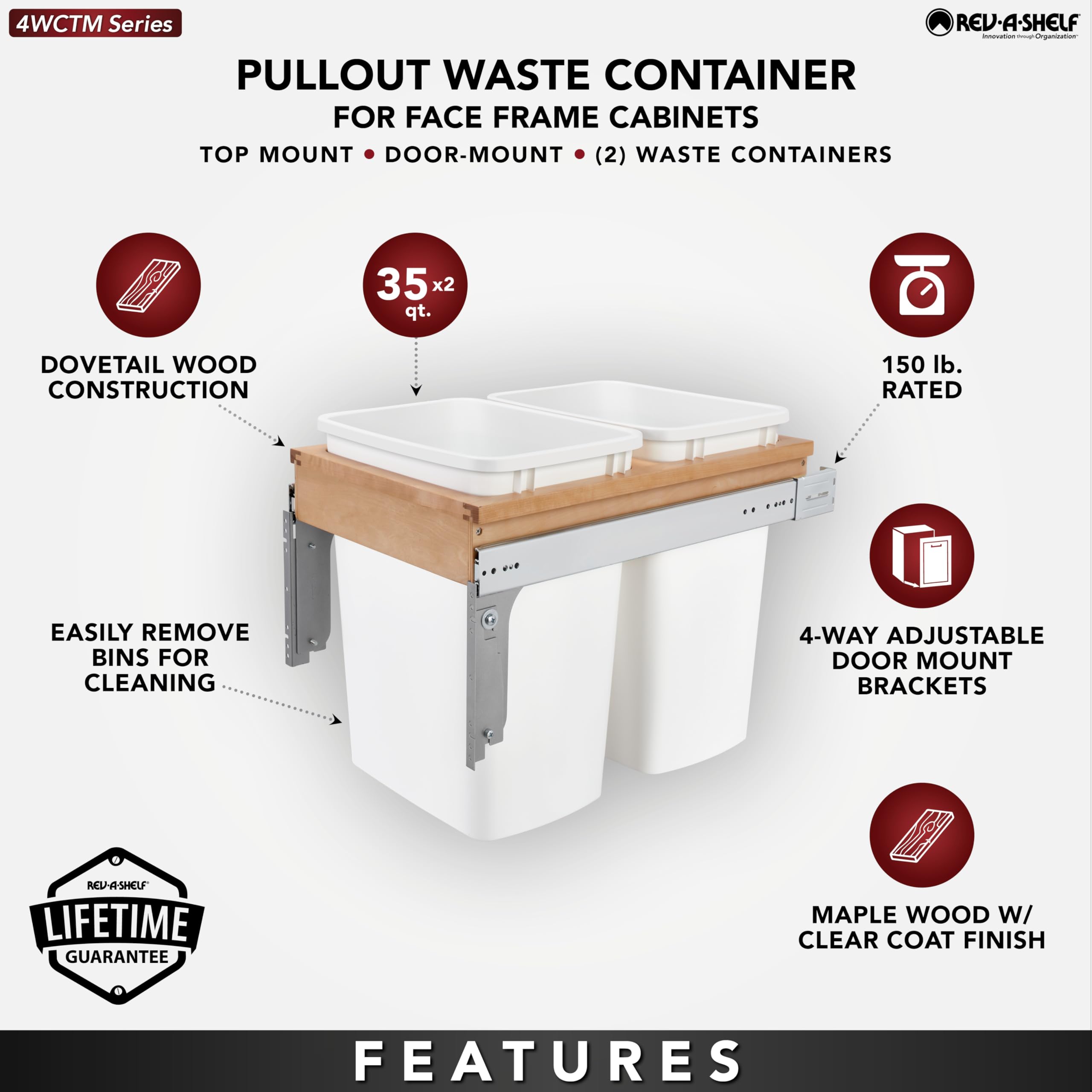 Rev-A-Shelf Double Pullout Trash Can - 35 Qt White Wood Top Mount Garbage Bin for Kitchen & Bathroom Cabinets, 15