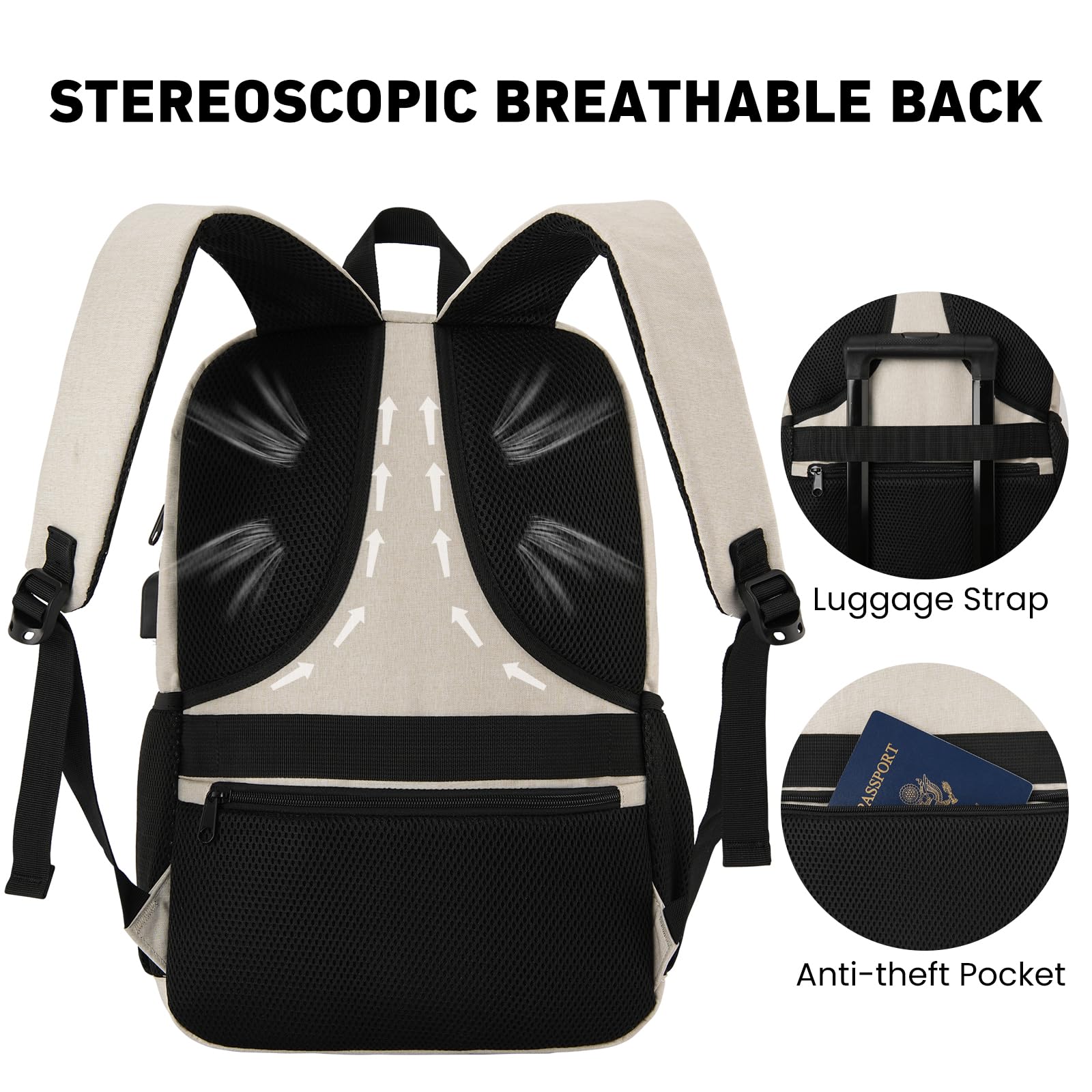 Stylish 15.6 Inch Laptop Backpack for Men & Women - Durable School Bookbag with USB Charging Port & 2 Compartments - Perfect for College, Work, Travel & Business (Beige) - Ideal for Daily Commute, Campus Life & Business Trips