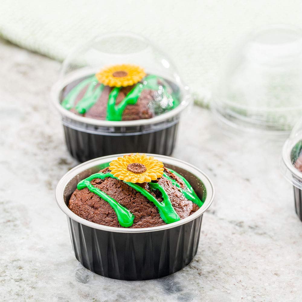 4.2 oz Disposable Ramekins with Lids - 100 Pack Black Aluminum Baking Cups for Creme Brulee, Cupcakes & Muffins | Oven & Freezer Safe | Perfect for Restaurants, Catering & Home Baking