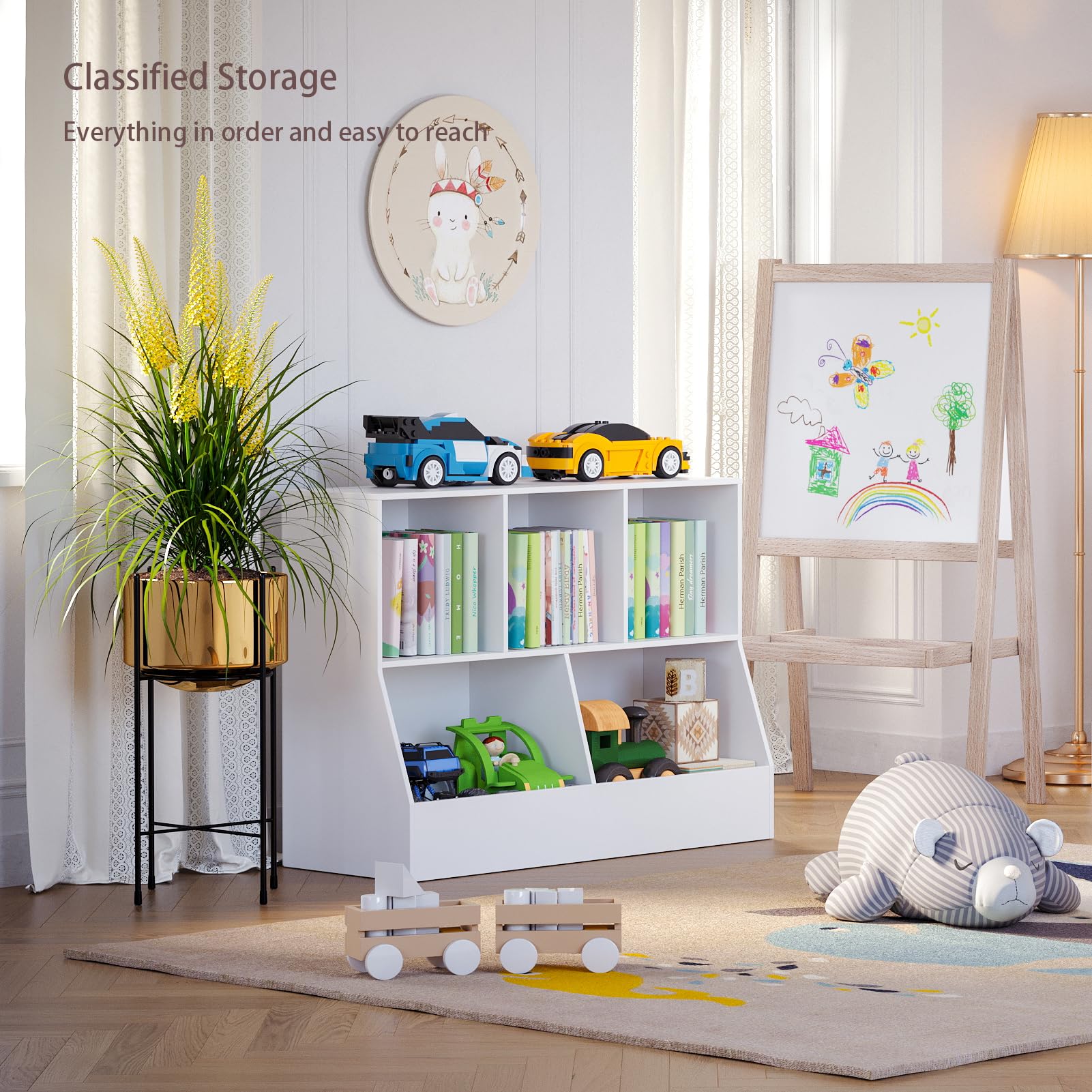 DINZI LVJ 5-Cubby Wooden Toy Storage Organizer & Kids Bookshelf - White 39.4