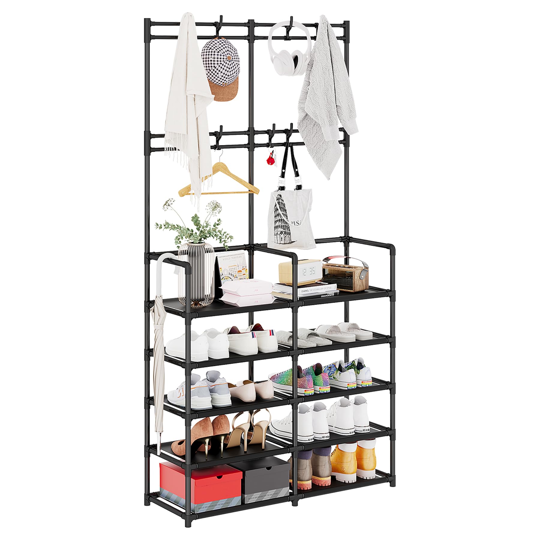 UDEAR 5-Tier Coat Rack with 8 Hooks & Shoe Organizer - Space Saving Entryway Storage Solution for Jackets, Shoes, Bags - Perfect for Living Room, Bedroom, Office, Hallway - Black