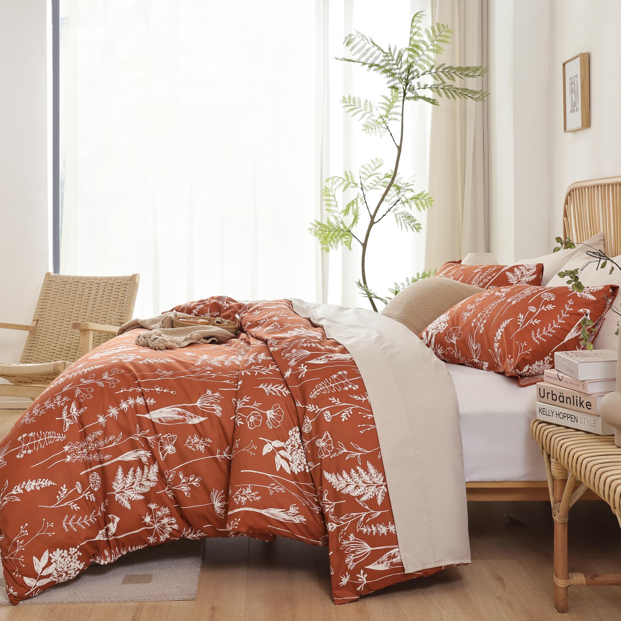 JANZAA Twin Comforter Set - 3 Piece Floral Bedding with Reversible Botanical Design, Soft Terracotta Comforter & Pillow Shams | Perfect for Guest Rooms, Dorm Decor & Cozy Bedroom Makeovers